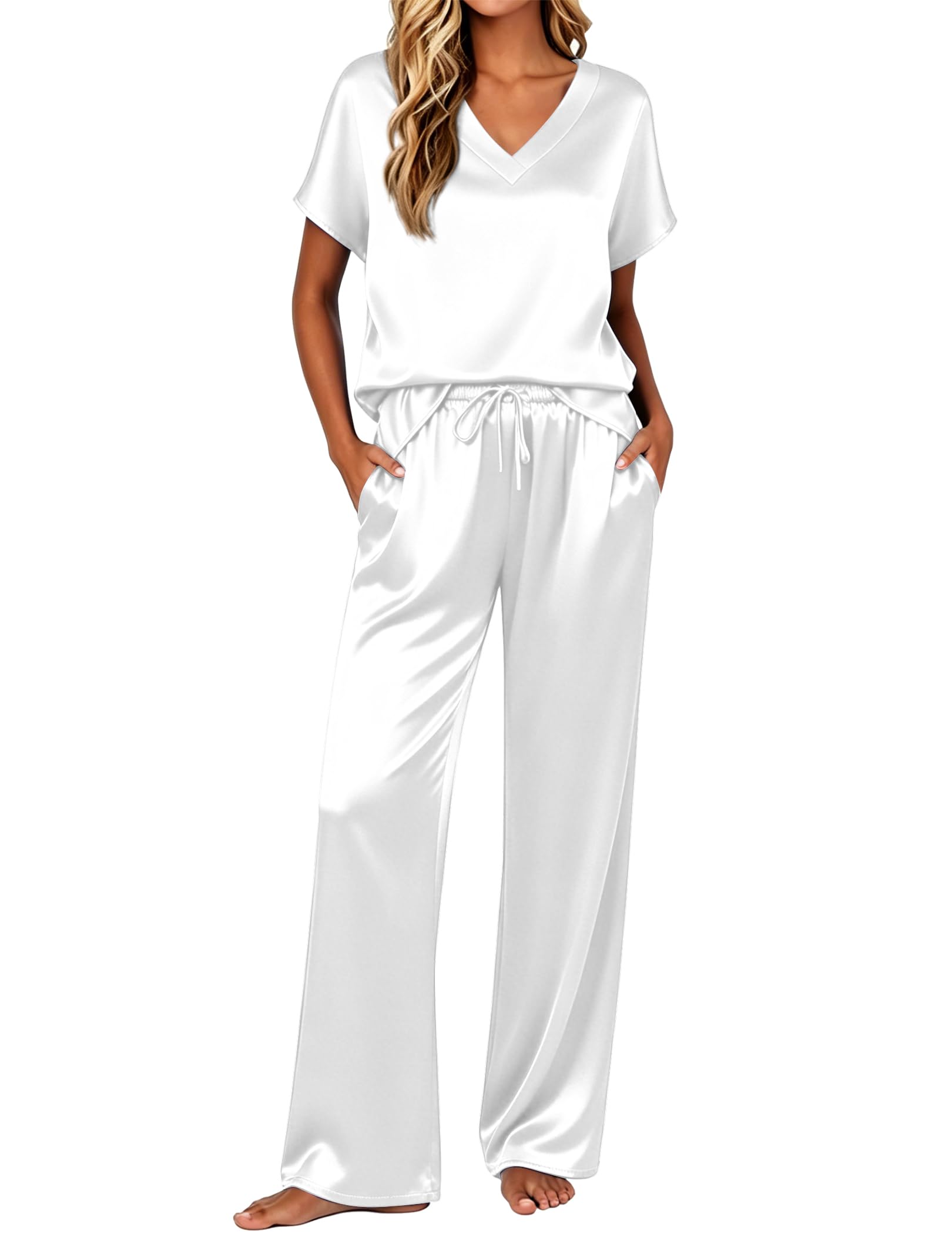 Ekouaer Womens Silk Pajamas Set 2 Piece Satin Pjs Cap Sleeve Loungewear