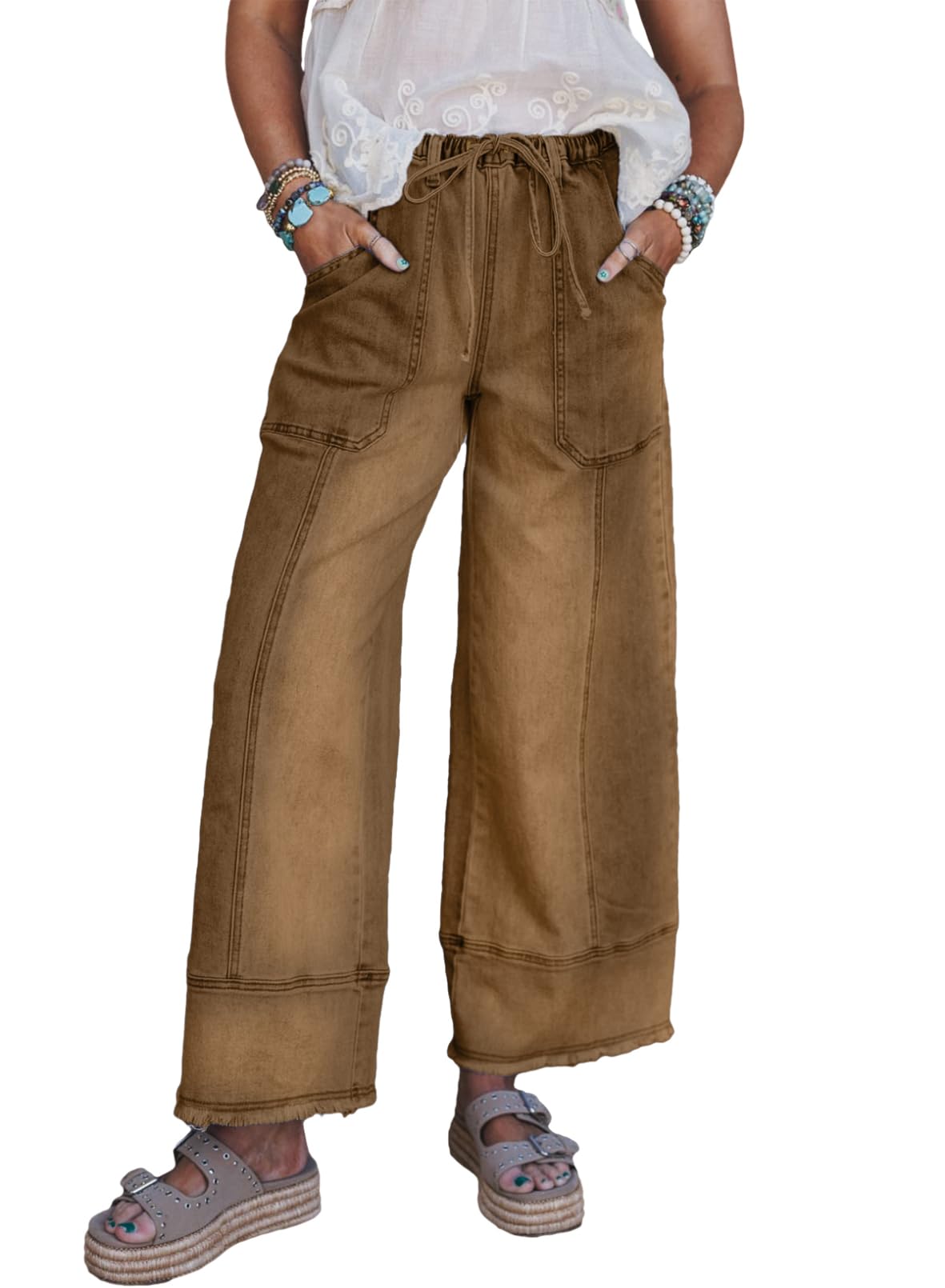 SHEWIN Women's Wide Leg Jeans High Waisted Baggy Jeans Stretchy Drawstring Denim Pants