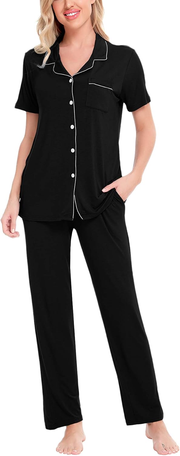 SWOMOG Women Pajama Sets Two-Piece Nightwear Short Sleeve Sleepwear Button Down Pj Lounge Sets with Long Pants