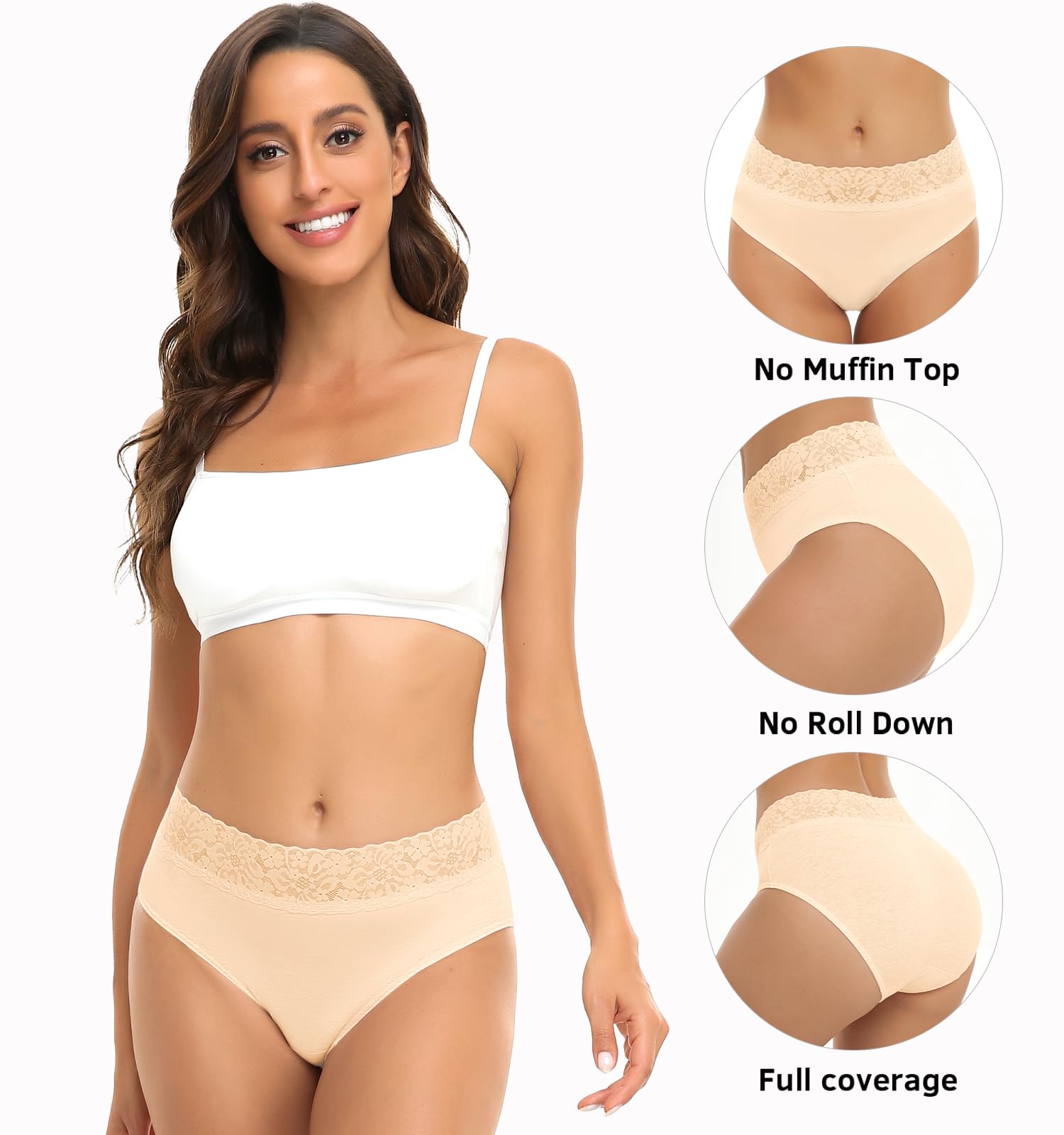 RHYFF Womens Underwear Cotton Bikini Panties Lace Soft Hipster Panty Ladies Stretch Full Briefs 5 Pack