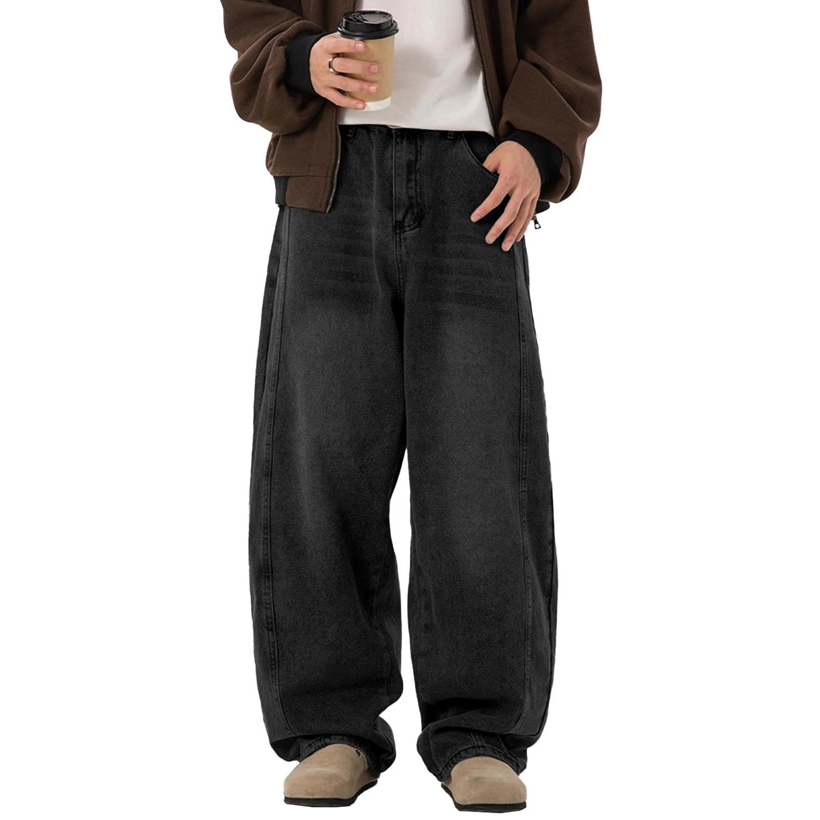 Mens Baggy Jeans Y2k Wide Leg Loose Fit Jeans Streetwear Denim Washed Hip Hop Pants