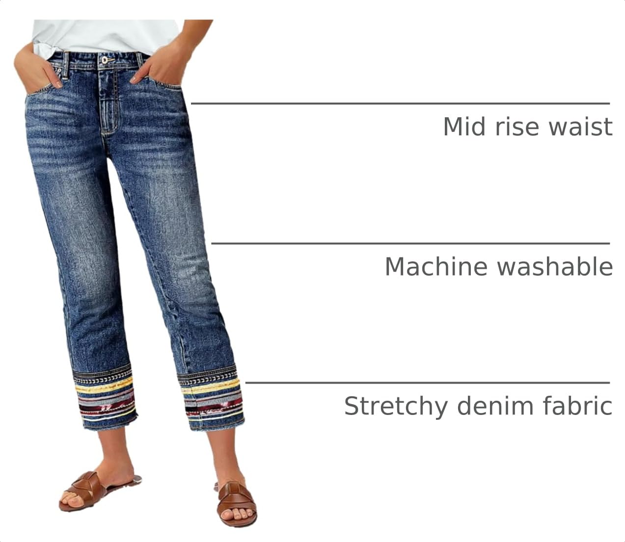 Flamingals Straight Leg Cropped Jeans for Women Trendy Mid Rise Stretchy Tribal Embroidery Raw Hem Ankle Jeans