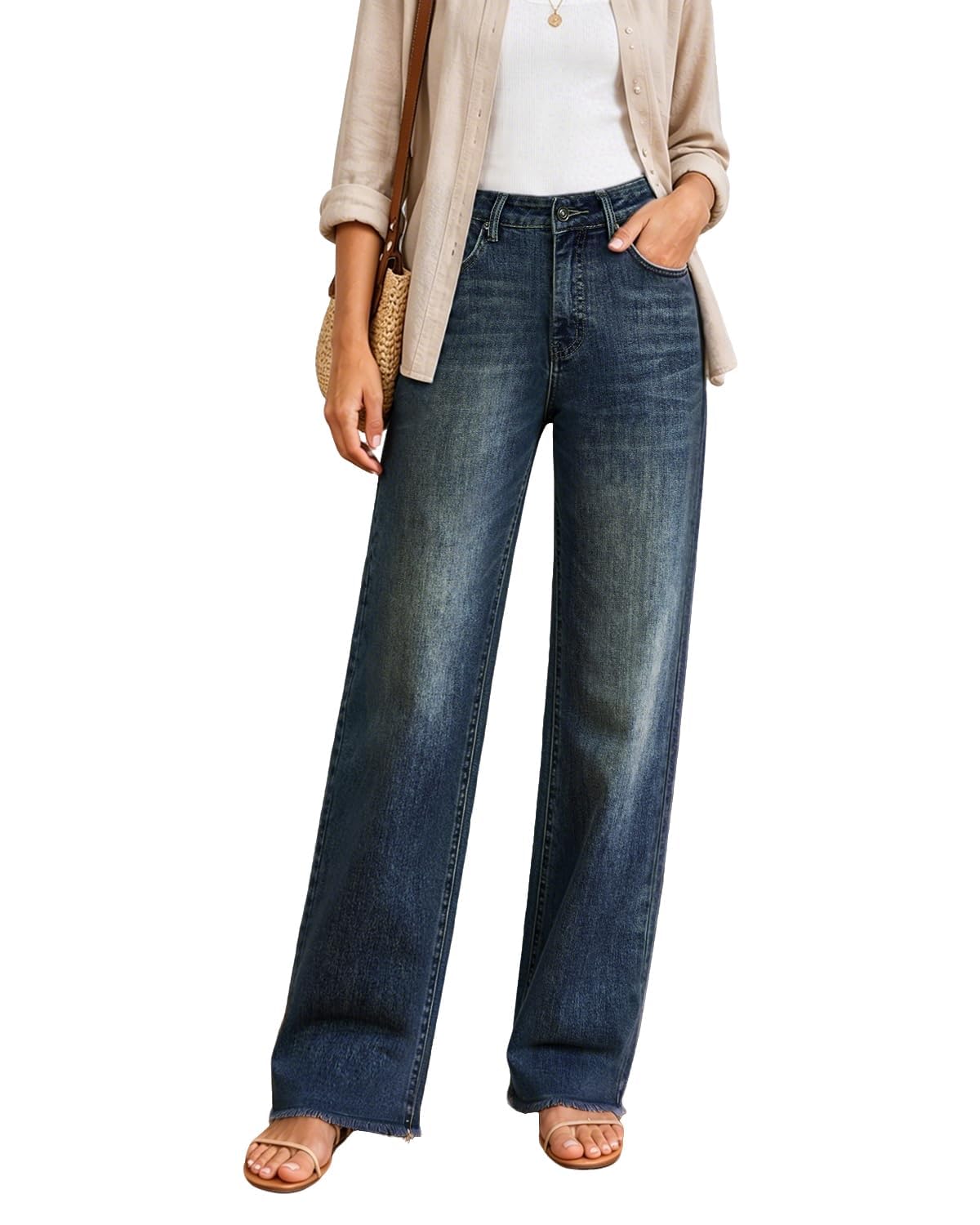 Womens High Waisted Jeans Stretchy Straight Leg Loose Fit Tummy Control Raw Hem Denim Pants Trendy Fashion