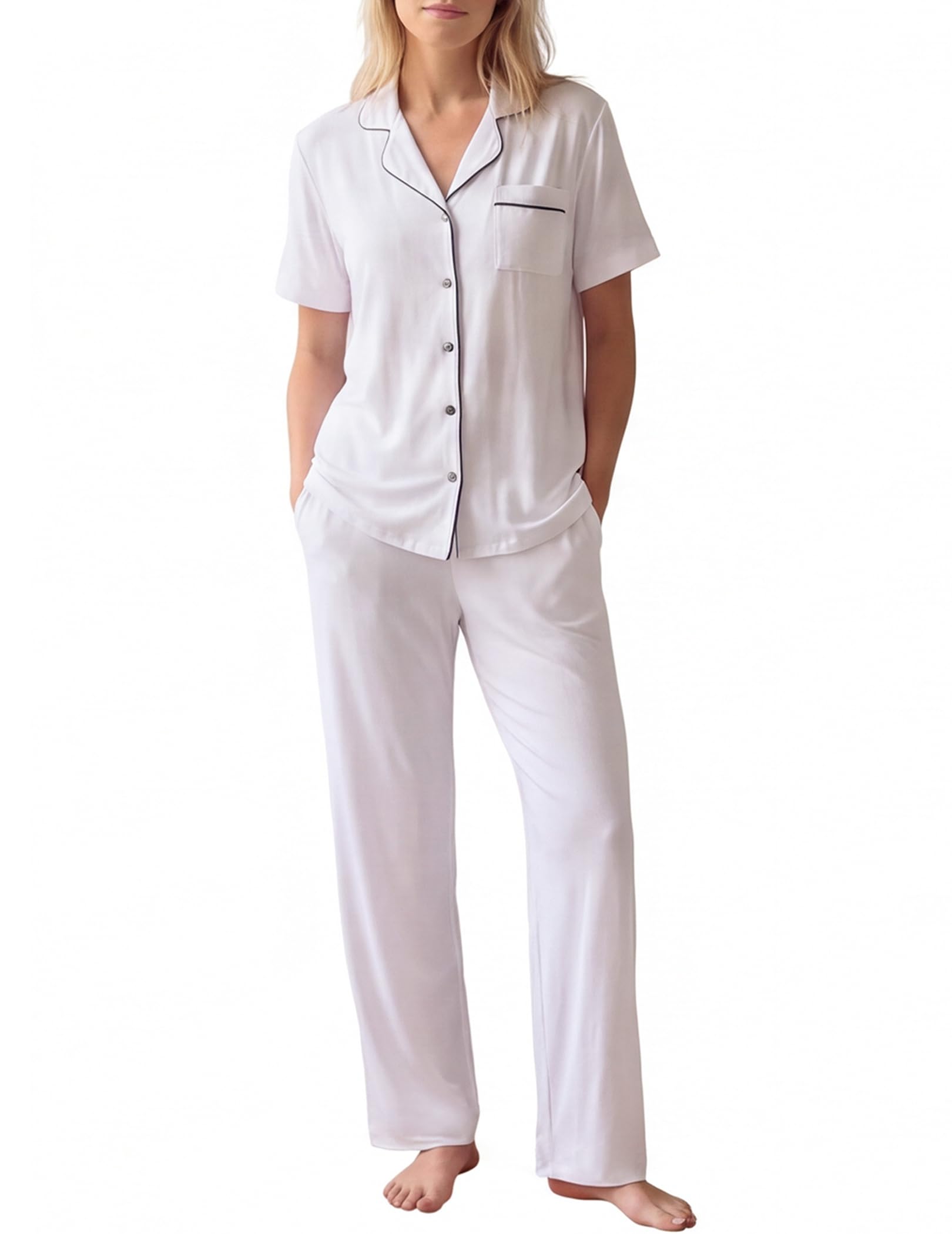 HNG Women Pajamas Set 2 Piece Button Up Pajamas Pant and Short Sleeve Shirt for Woman Pj Sets with Pocket