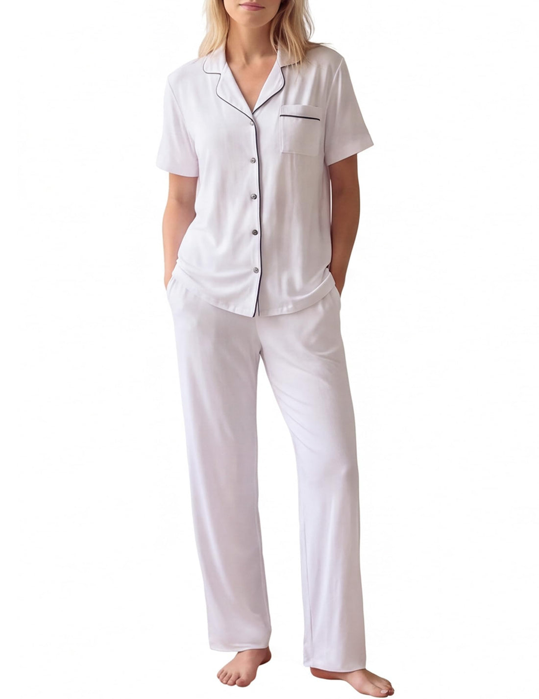 HNG Women Pajamas Set 2 Piece Button Up Pajamas Pant and Short Sleeve Shirt for Woman Pj Sets with Pocket