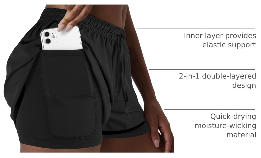 Yevrimow Women's 2 in 1 Running Shorts for Gym Yoga Workout Athletic Shorts High-Waisted Shorts with Liner Pockets