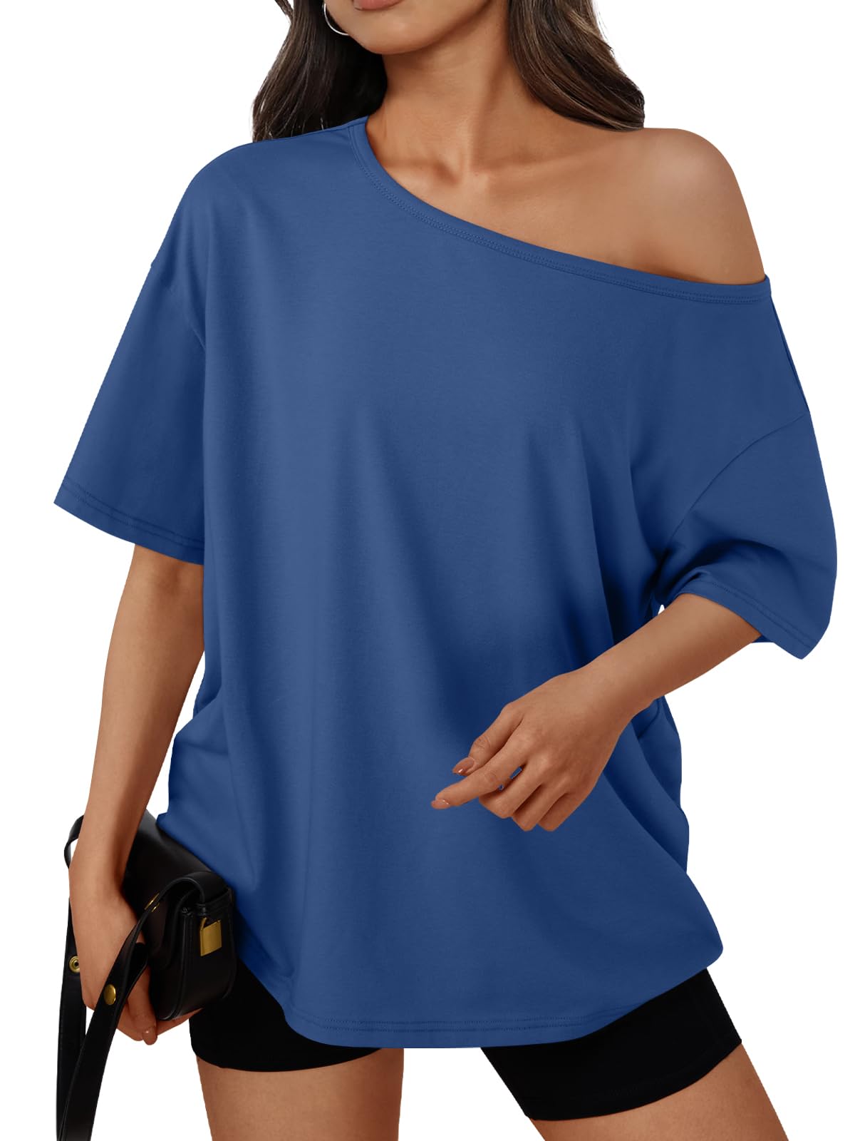 Trendy Queen Womens Off the Shoulder Tops Oversized Summer T-Shirts 2026 | Breathable comfort stretch fabric, short sleeve, basic oversized tees, casual workout gym, y2k going out clothes