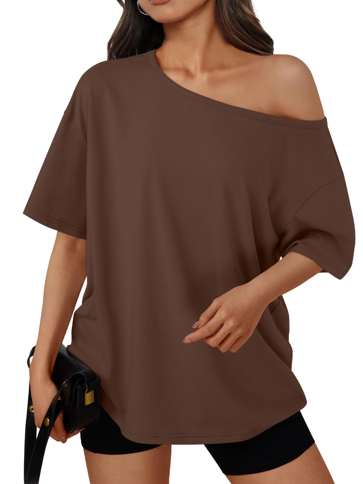 Trendy Queen Womens Off the Shoulder Tops Oversized Summer T-Shirts 2026 | Breathable comfort stretch fabric, short sleeve, basic oversized tees, casual workout gym, y2k going out clothes