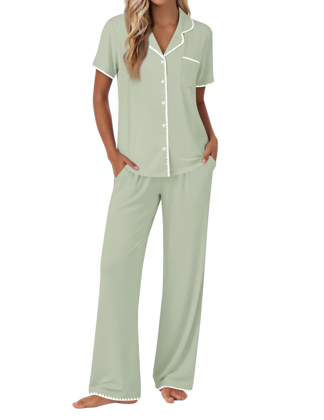 Ekouaer Pajamas for Women Set Button Up Soft Pjs Short Sleeve Lounge Sets