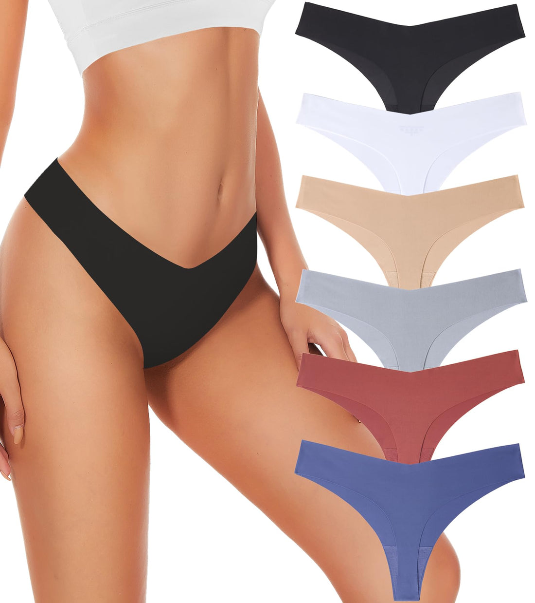 Seamless Thongs For Women V-waisted No Show Underwear 6-Pack | No Show Thong Seamless Panties Breathable Comfortable Underwear