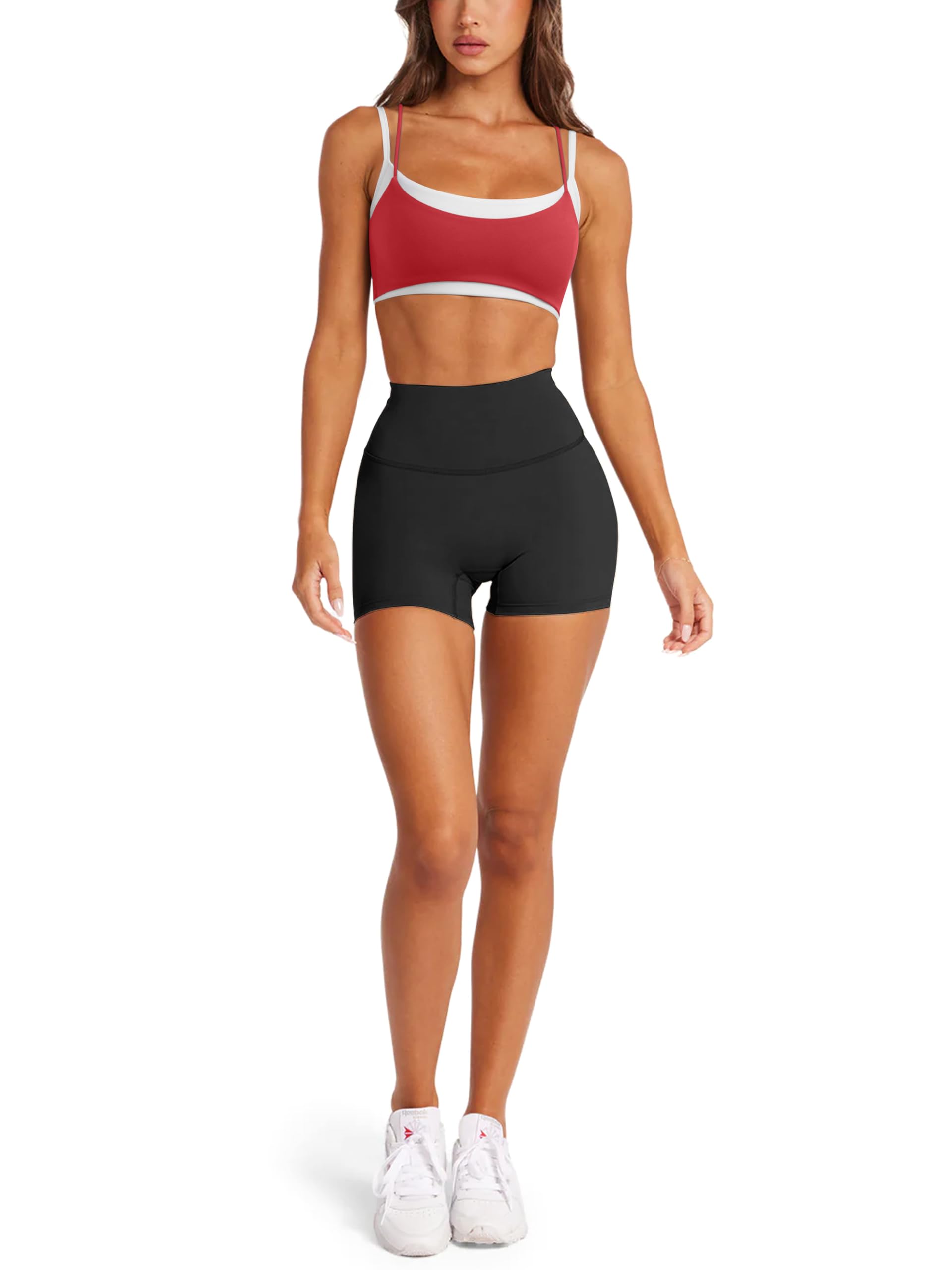 LASLULU Womens Double Layered Sports Bra Adjustable Spaghetti Straps Sexy Scoop Neck Wireless Padded Workout Yoga Crop Tops