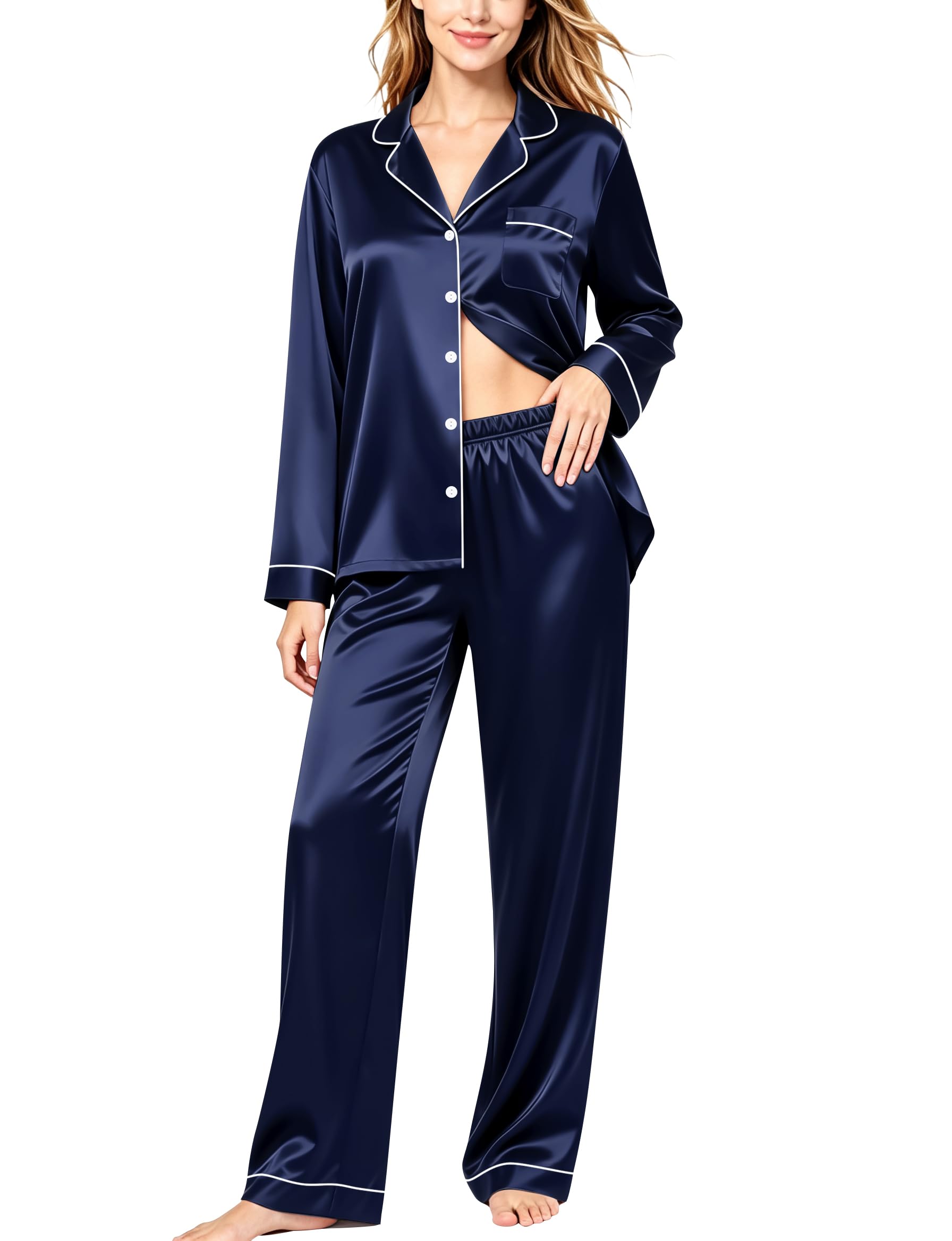 SWOMOG Womens Silk Satin Pajamas Set Long Sleeve Button Down Sleepwear 2 Piece Lounge Set Pj Set XS-3XL