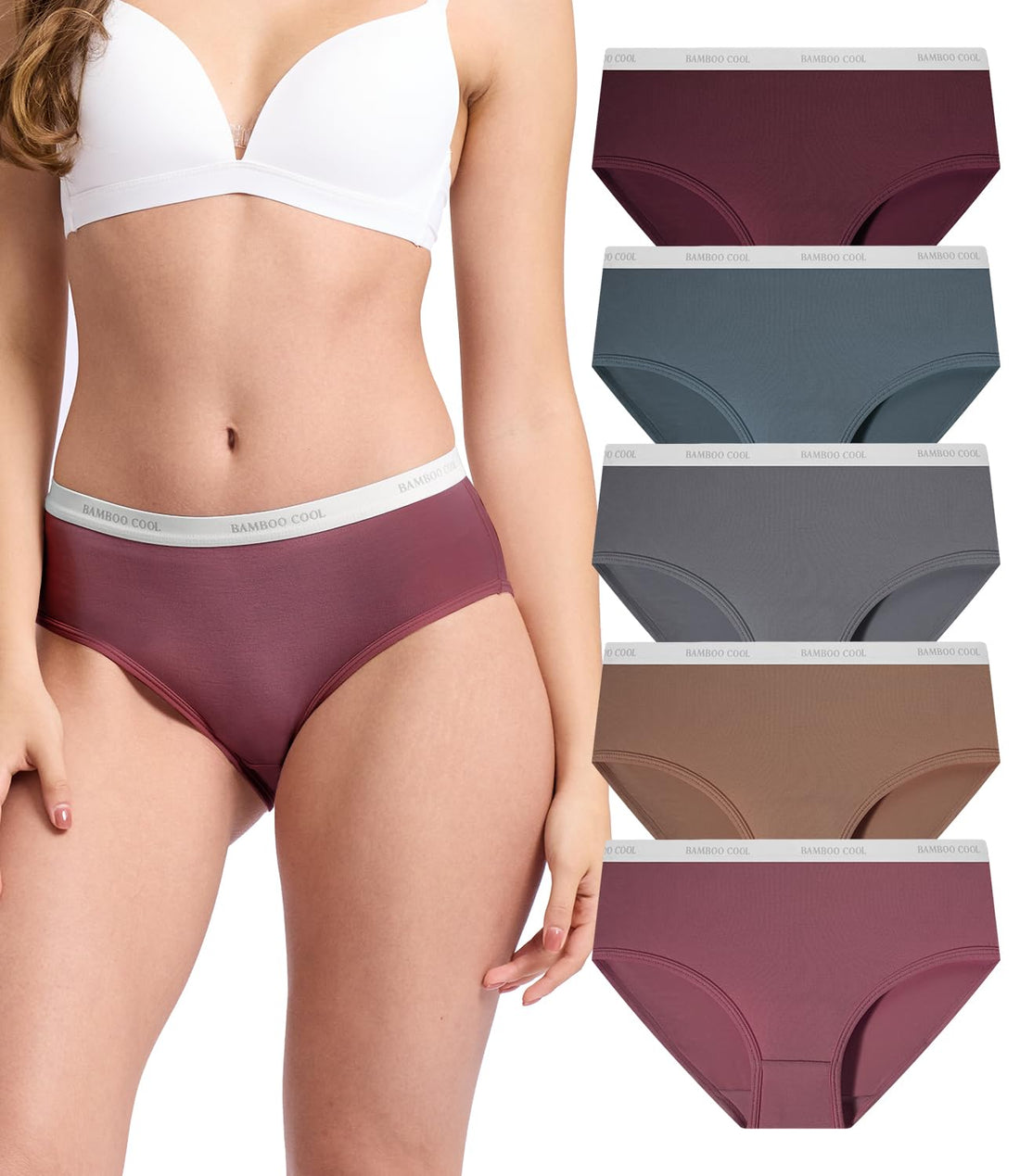 BAMBOO COOL Womens Underwear, Moisture-Wicking Briefs, Soft and Breathable Panties, Mid Waist, 5-Pack