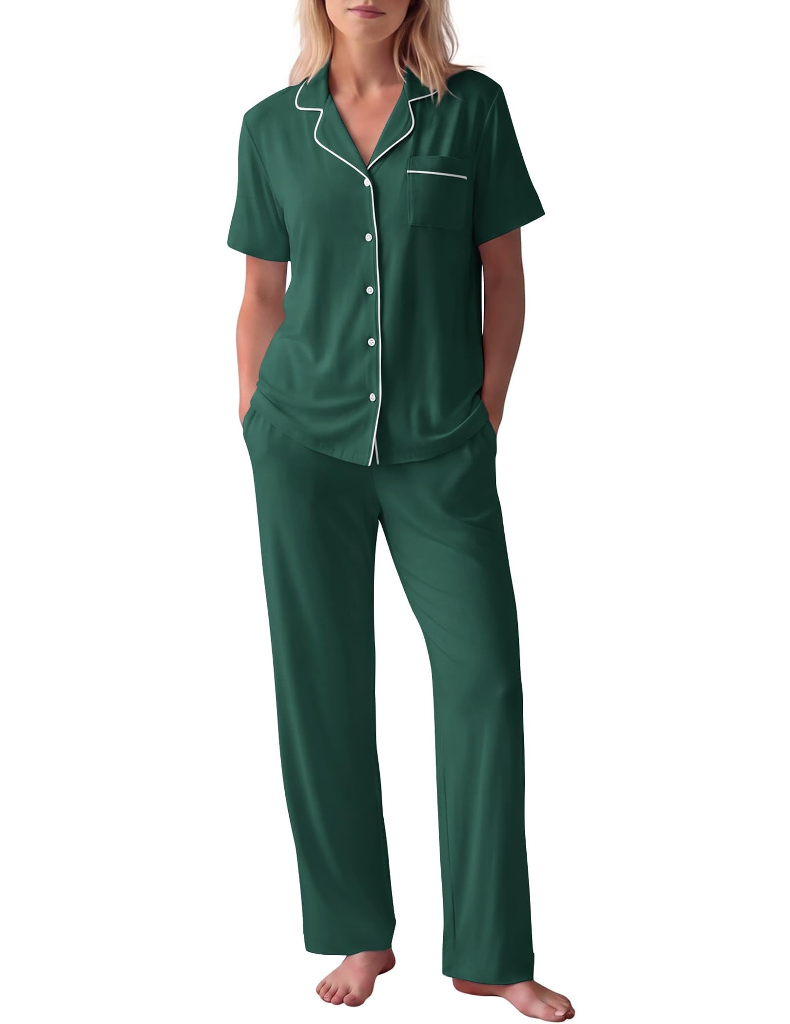 HNG Women Pajamas Set 2 Piece Button Up Pajamas Pant and Short Sleeve Shirt for Woman Pj Sets with Pocket