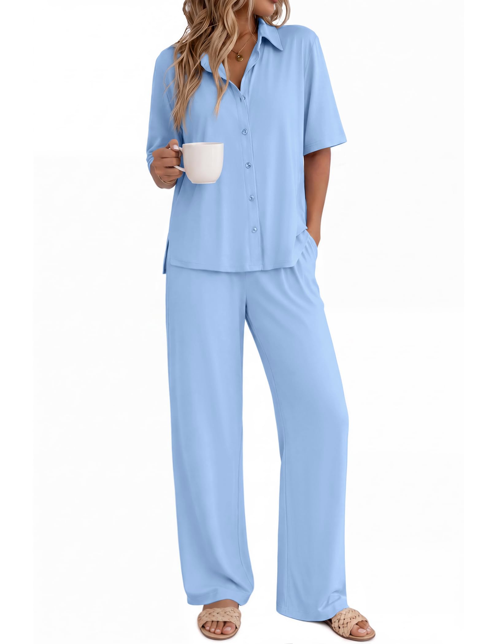 Ekouaer Pajamas for Women Set Button Up Short Sleeve Pjs with Long Pants