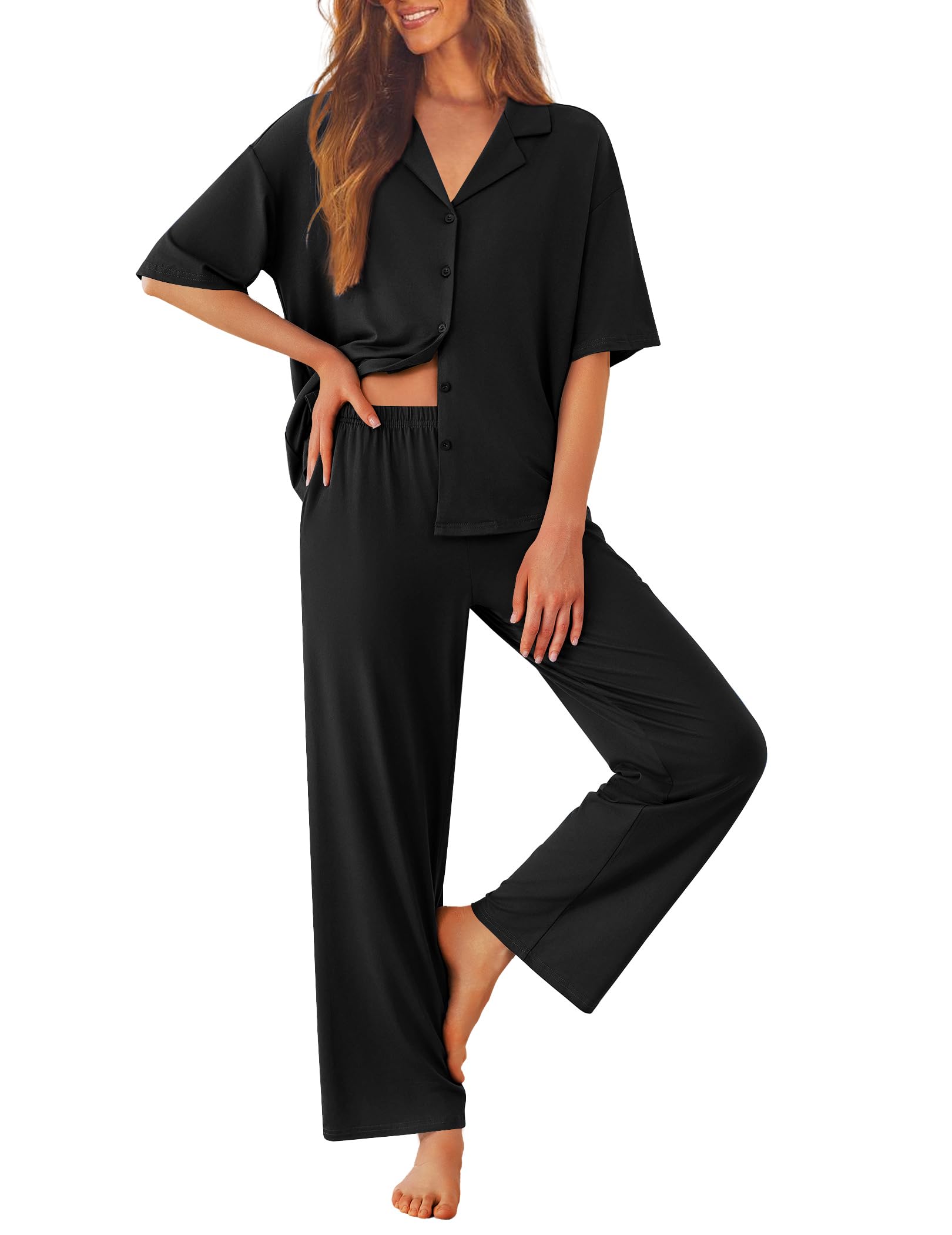 Ekouaer Women Pajamas Set Button Down Sleepwear Short Sleeve Pjs Long Pants
