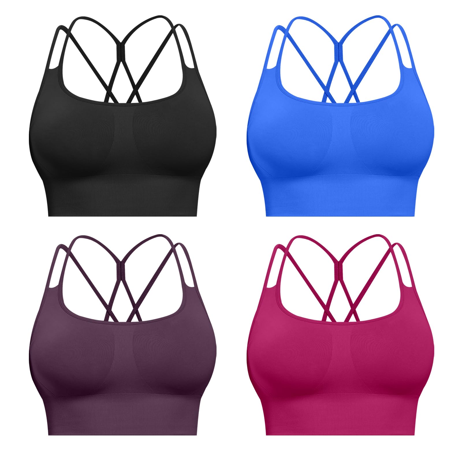 CHRLEISURE Sports Bras for Women, 4 Packs Padded High Support Workout Yoga Seamless Criss-Cross Racerback Bras