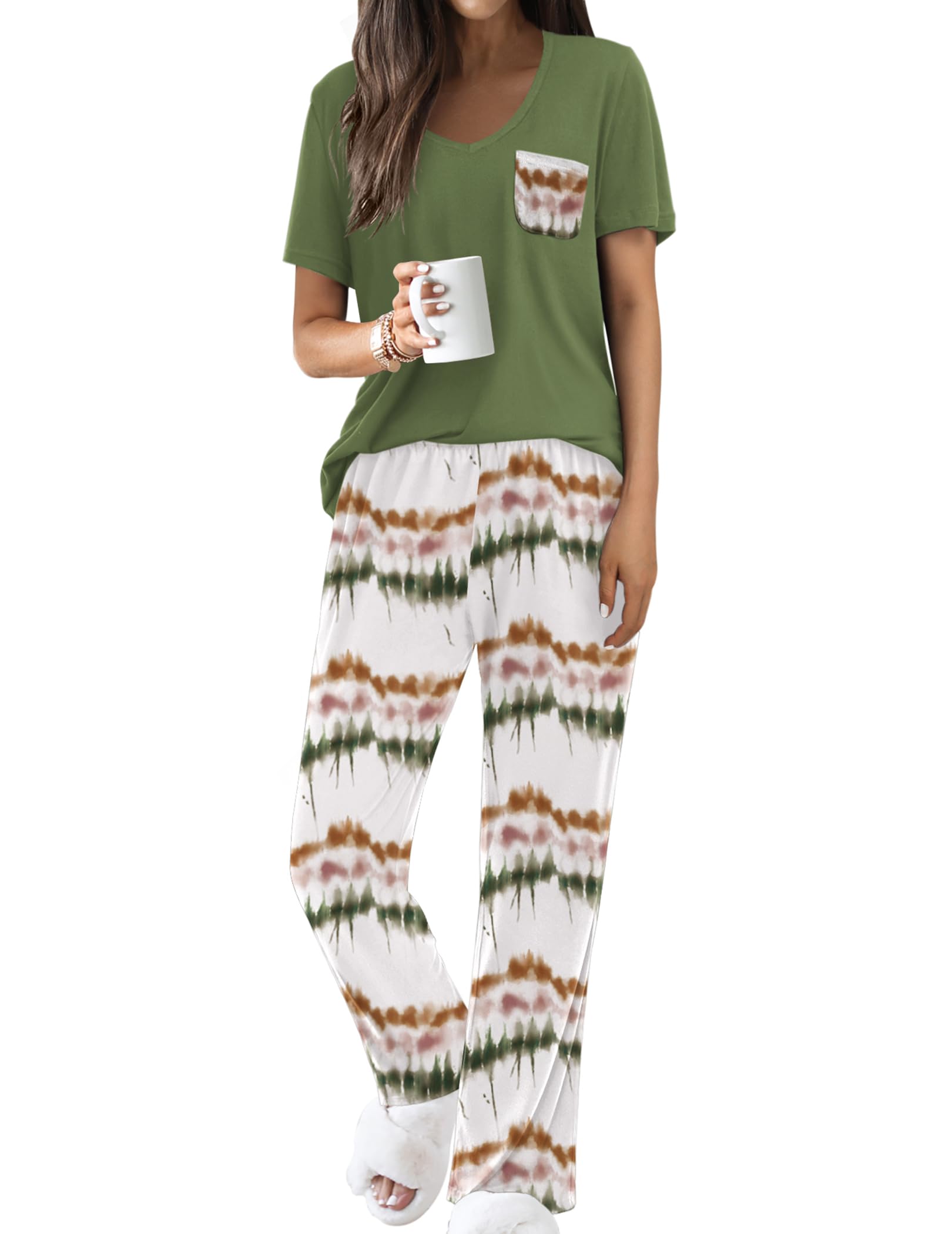 Ekouaer Pajama Sets for Women 2 Piece Short Sleeve Pj V Neck Chest Pocket