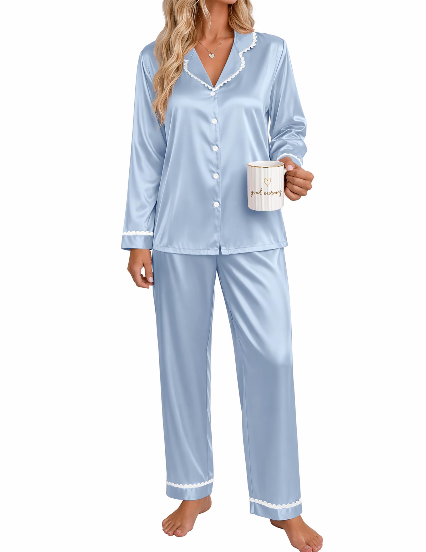 Ekouaer Satin Pajamas for Women Set 2 Piece Silk Pjs Long Sleeve Lounge Set