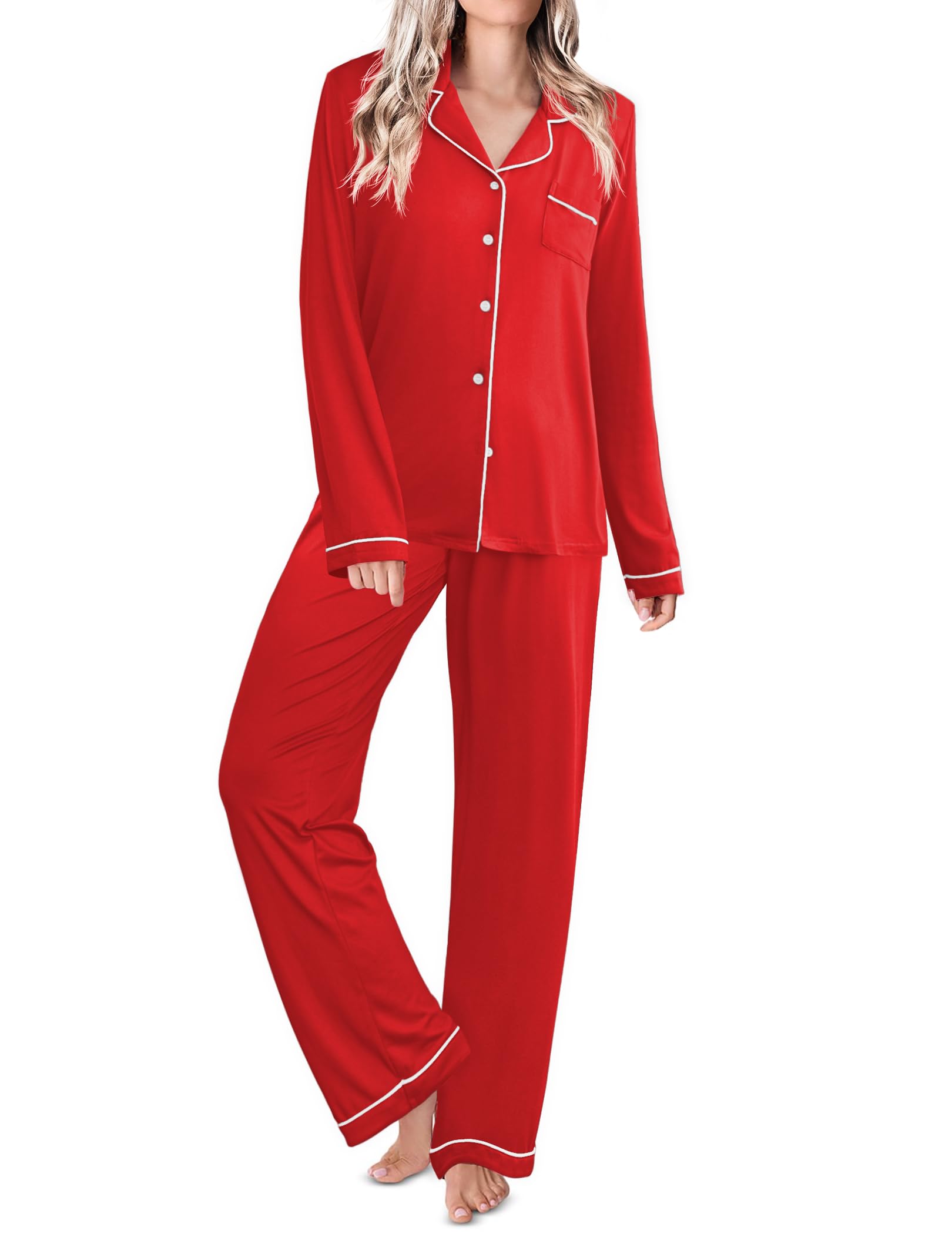 Ekouaer Womens Pajamas Set Classic Sleepwear Long Sleeve Button Up Pjs Sets