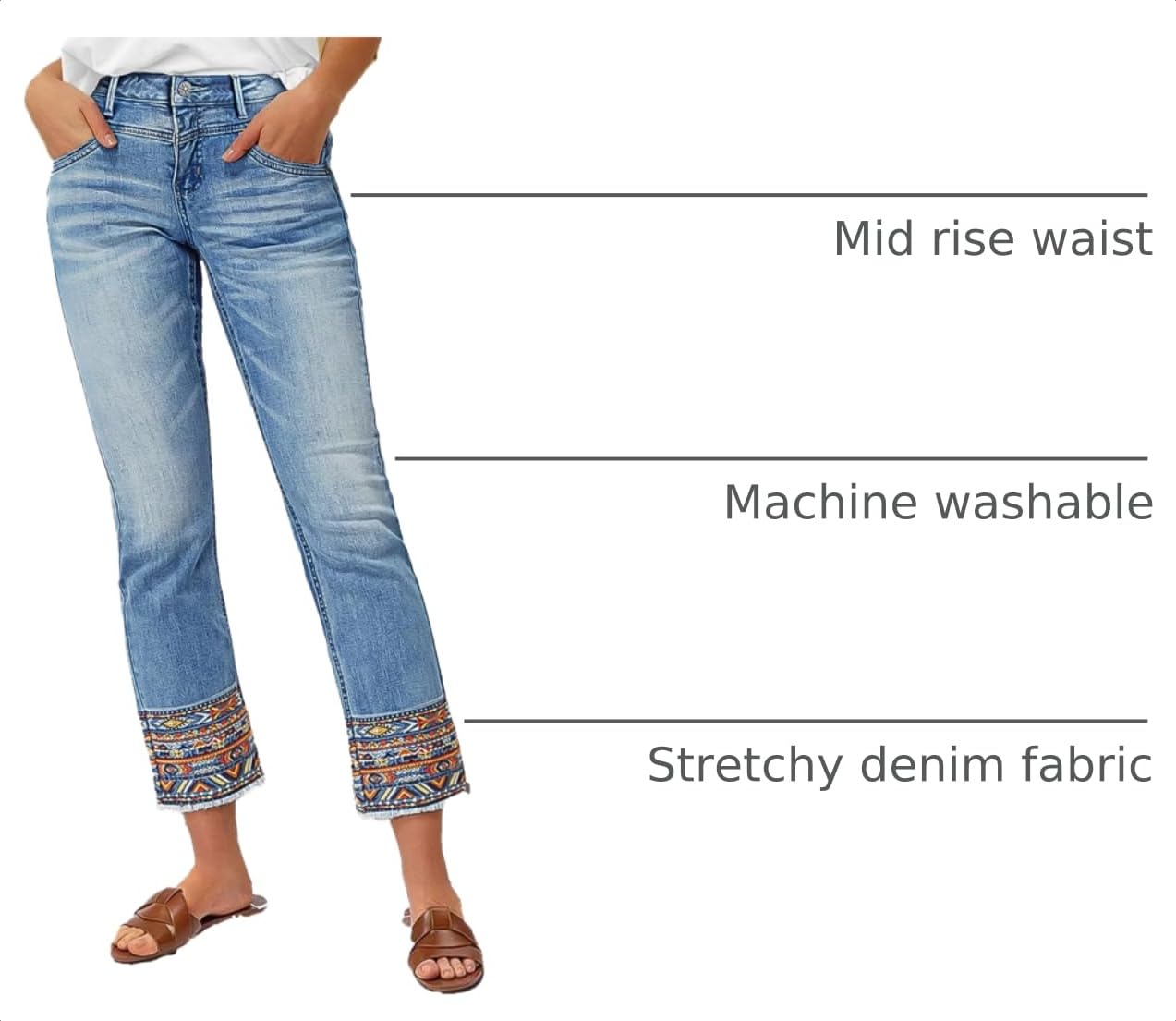 Flamingals Straight Leg Cropped Jeans for Women Trendy Mid Rise Stretchy Tribal Embroidery Raw Hem Ankle Jeans