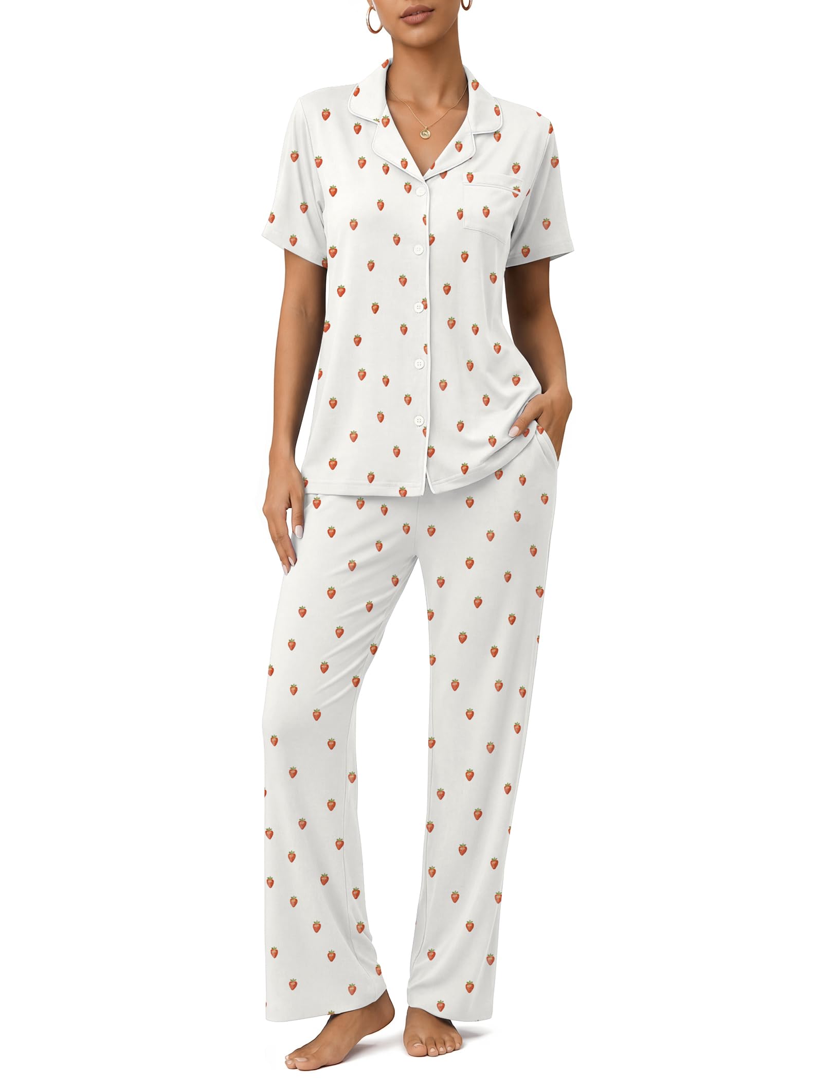 Womens Pajamas Sets 2 Piece Button Up Pj Sets Short Sleeve with Long Pant