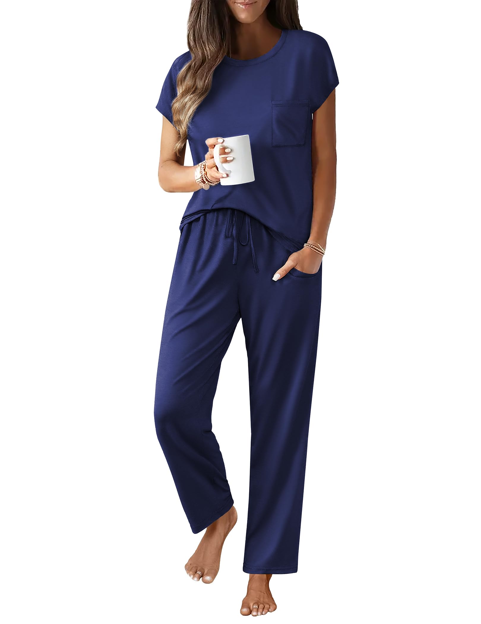 Ekouaer Womens Pajama Sets 2 Pcs Short Sleeve Lounge Set with Pockets