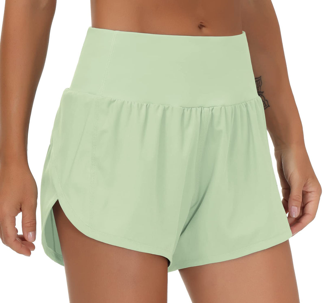 THE GYM PEOPLE Women's High Waisted Running Shorts Quick Dry Workout Shorts | High Waist, Slim Fitted, Built-in Mesh Lined, Back Zipper Pockets, Lightweight, Breathable, Side Slit