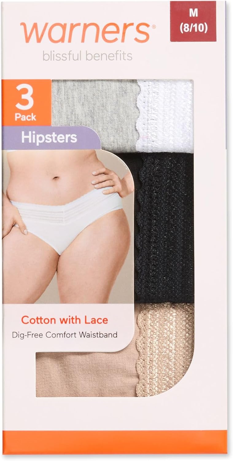 Warner's Women's Blissful Benefits Dig-Free Comfort Waist with Lace Cotton Hipster 3-Pack Ru2263w