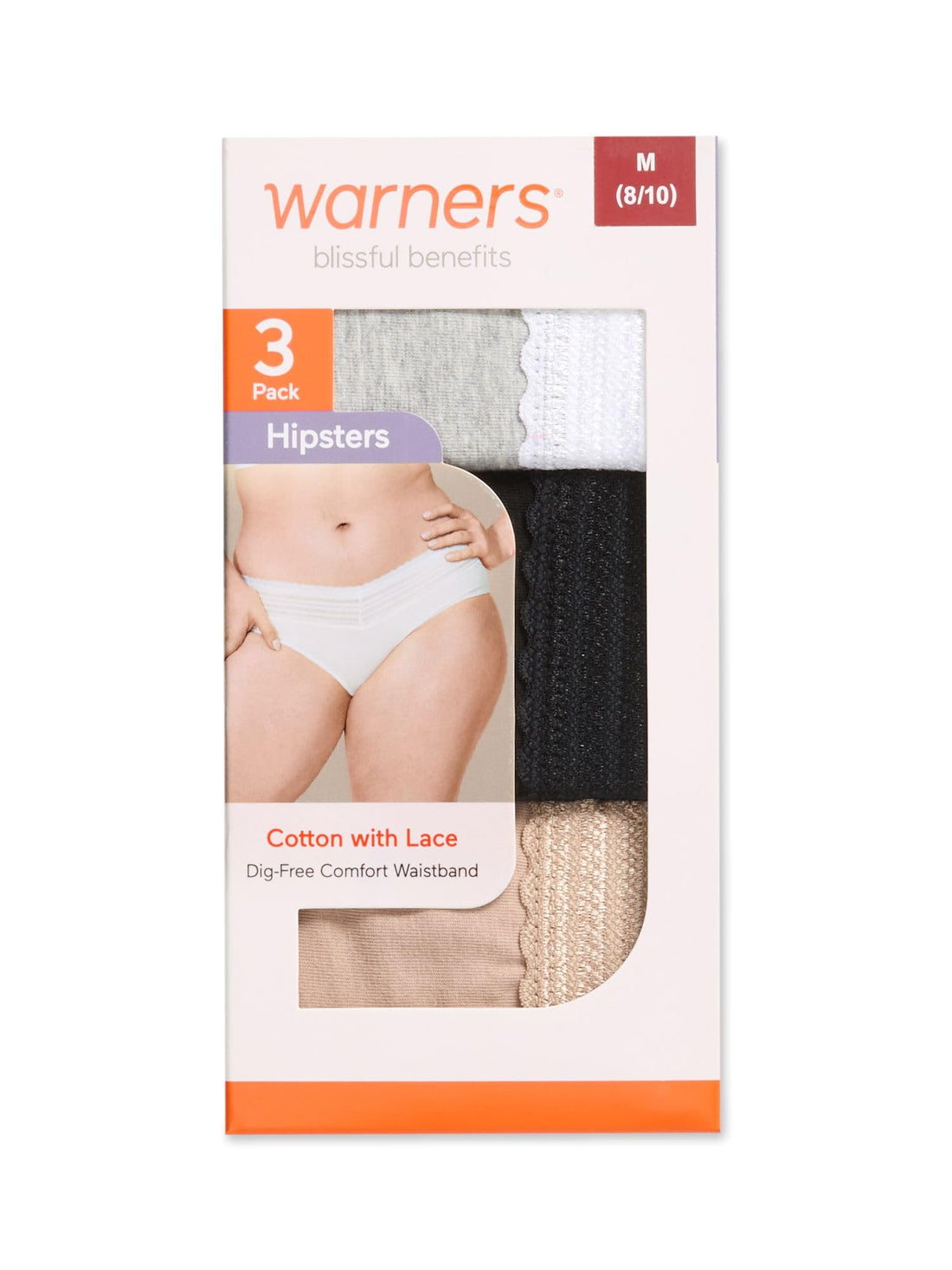 Warner's Women's Blissful Benefits Dig-Free Comfort Waist with Lace Cotton Hipster 3-Pack Ru2263w