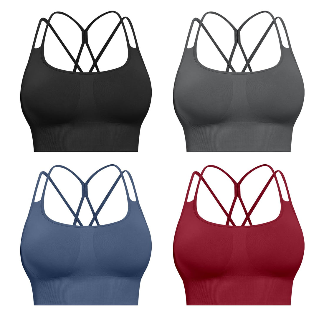 CHRLEISURE Sports Bras for Women, 4 Packs Padded High Support Workout Yoga Seamless Criss-Cross Racerback Bras