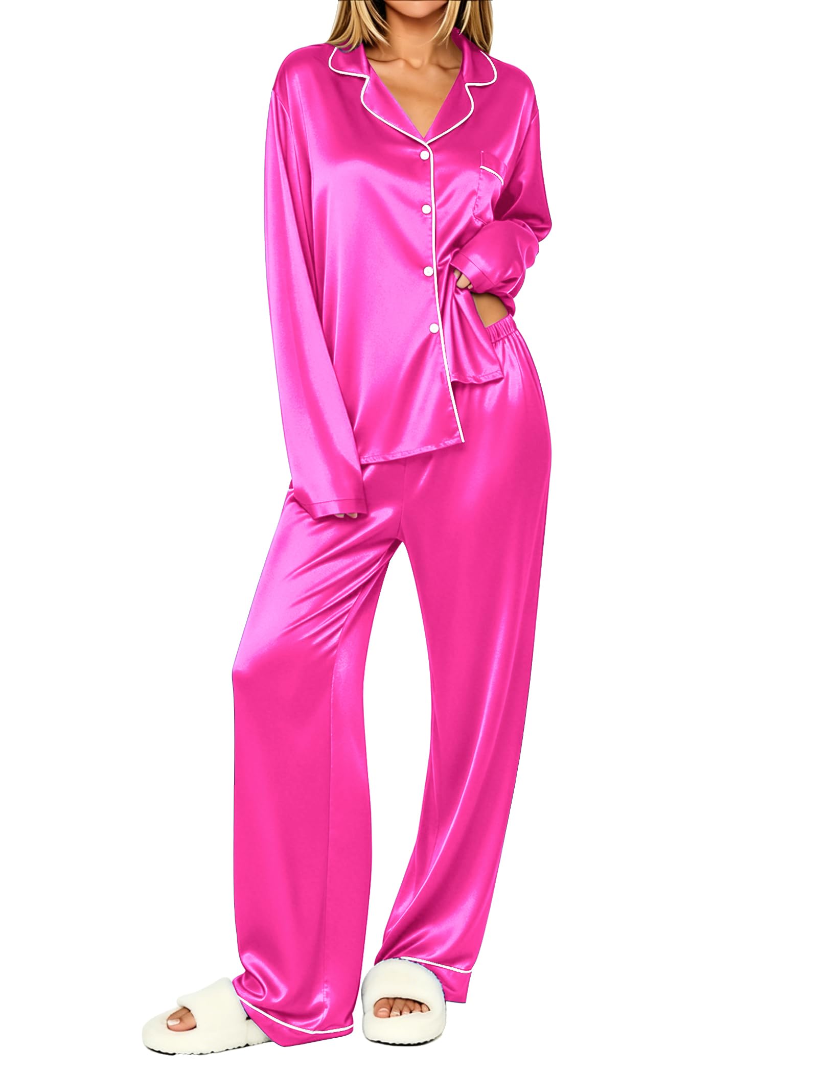 Ekouaer Womens Pajamas Silk Satin Long Sleeve Button Down Pjs Lounge Set