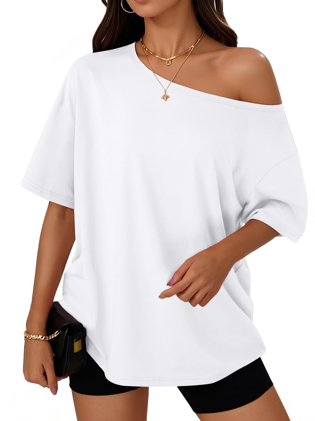 Trendy Queen Womens Off the Shoulder Tops Oversized Summer T-Shirts 2026 | Breathable comfort stretch fabric, short sleeve, basic oversized tees, casual workout gym, y2k going out clothes