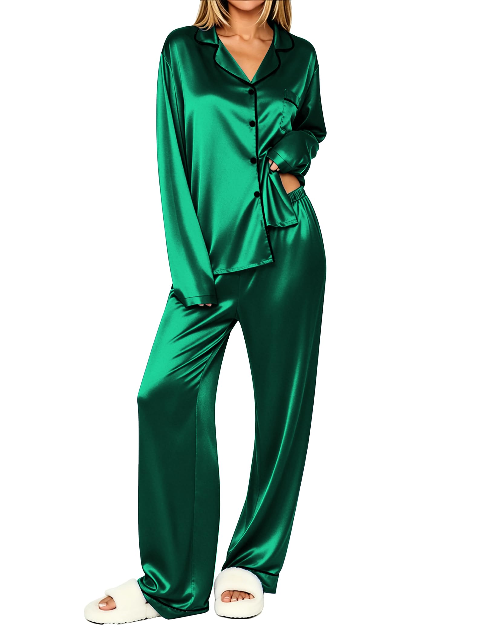Ekouaer Womens Pajamas Silk Satin Long Sleeve Button Down Pjs Lounge Set