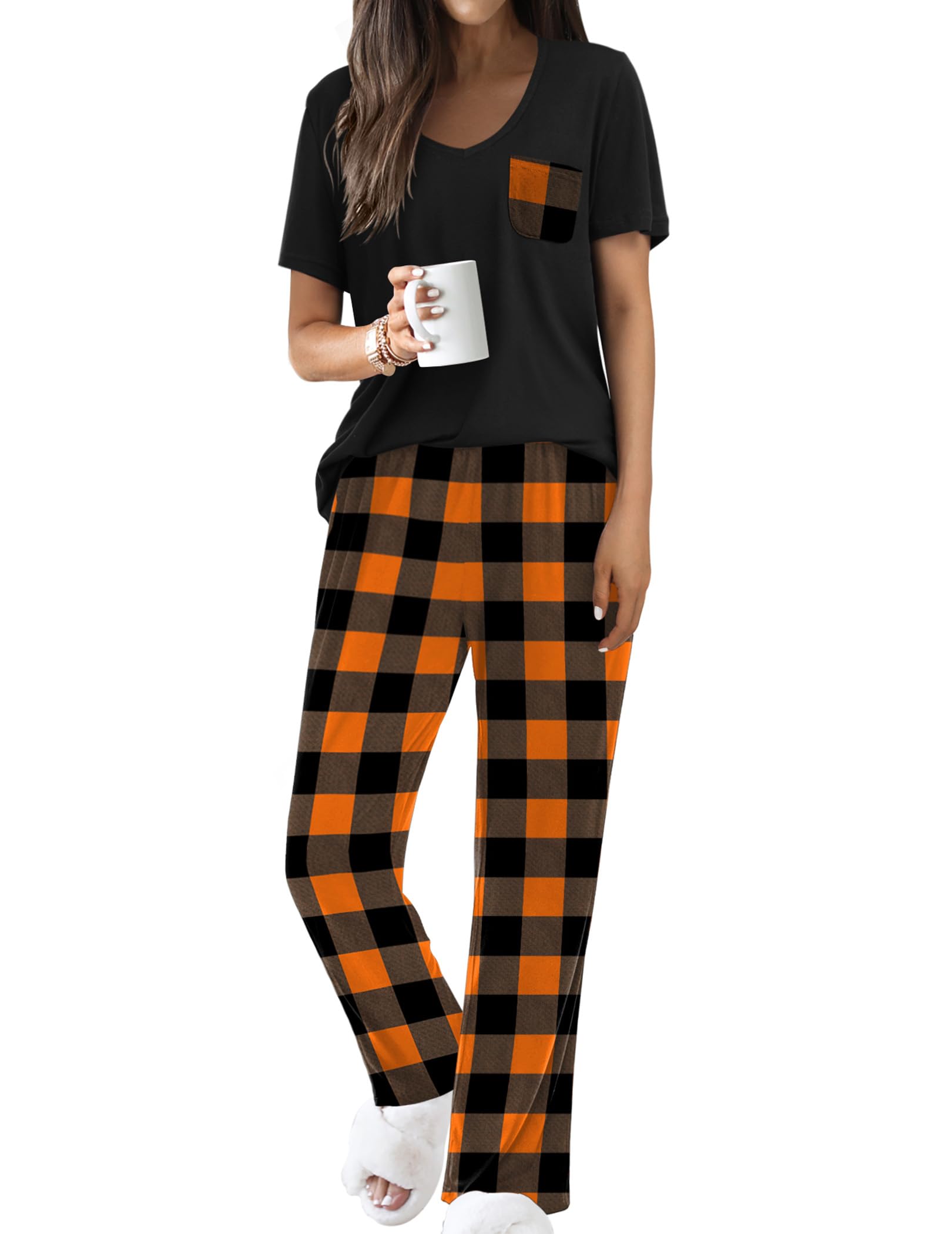 Ekouaer Pajama Sets for Women 2 Piece Short Sleeve Pj V Neck Chest Pocket