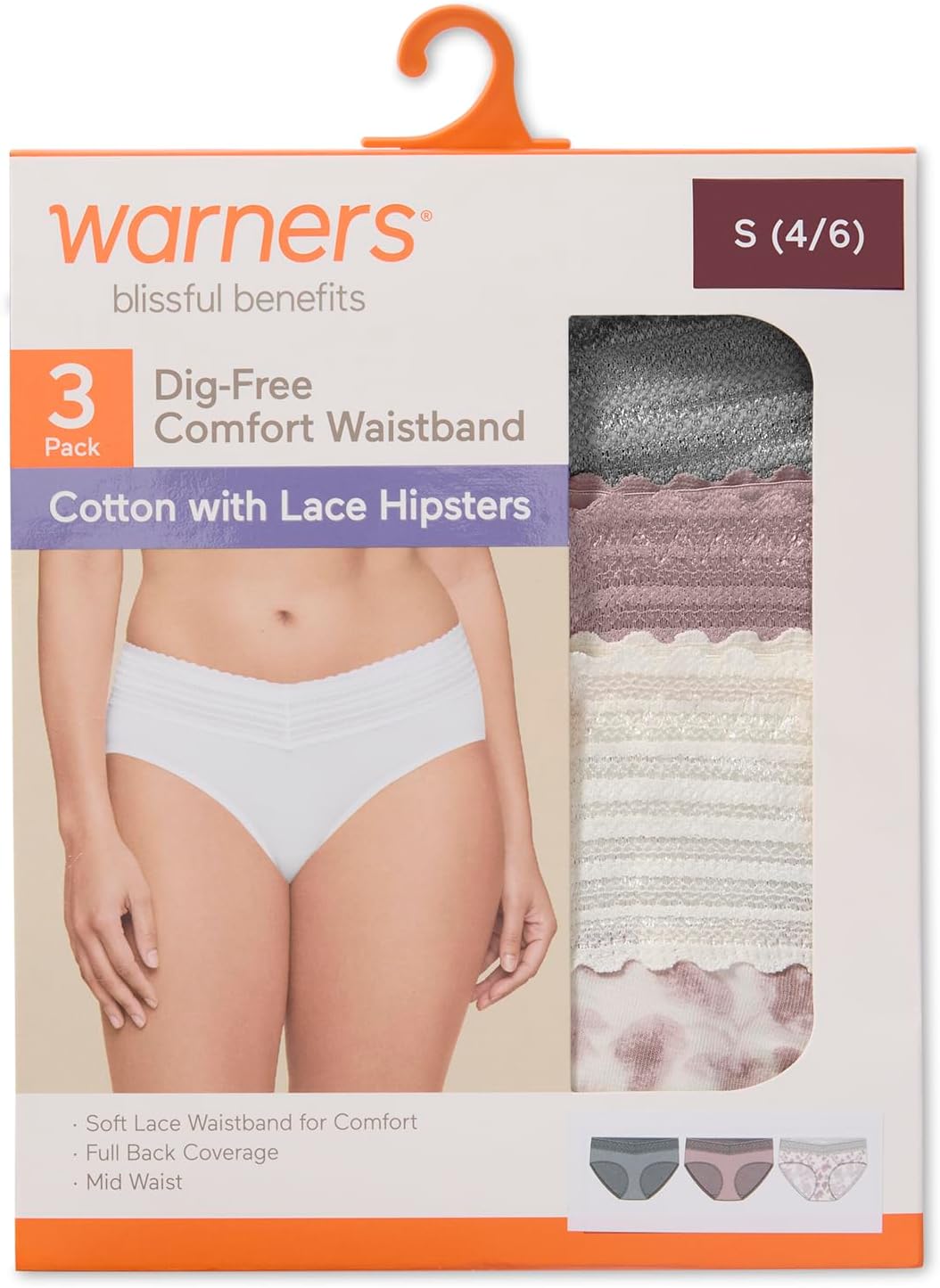 Warner's Women's Blissful Benefits Women's Dig-free Comfort Waist With Lace Cotton Hipster 3-pack