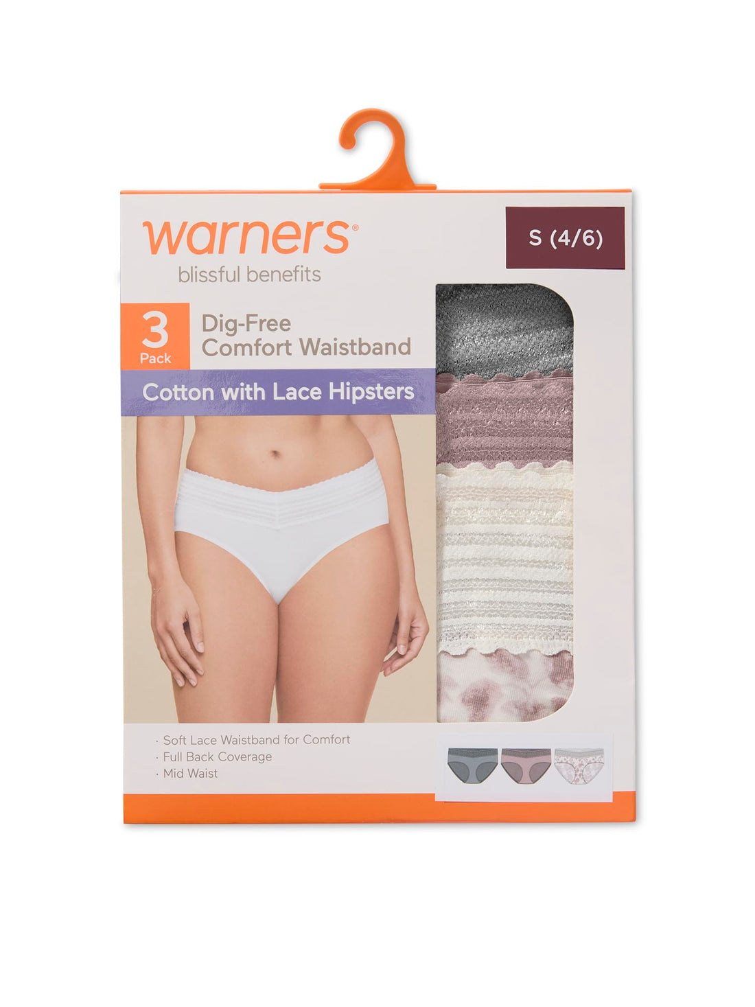 Warner's Women's Blissful Benefits Women's Dig-free Comfort Waist With Lace Cotton Hipster 3-pack