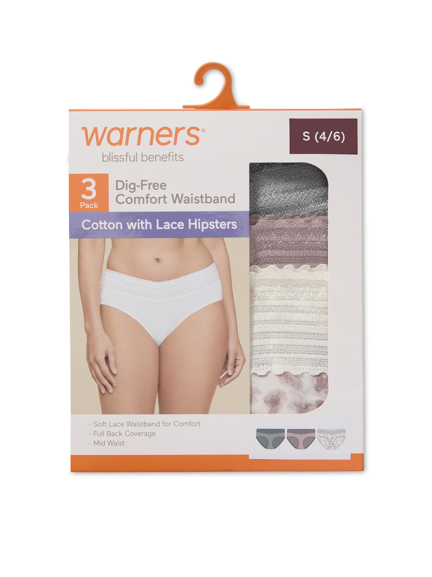 Warner's Women's Blissful Benefits Women's Dig-free Comfort Waist With Lace Cotton Hipster 3-pack
