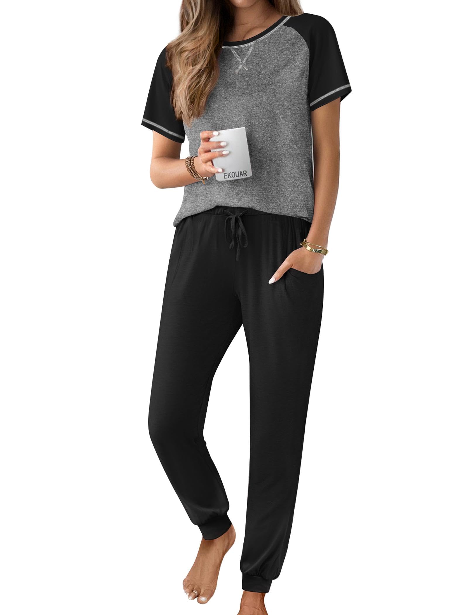 Ekouaer Pajamas for Women Set Short Sleeve PJ Set 2 Piece Jogger Pants