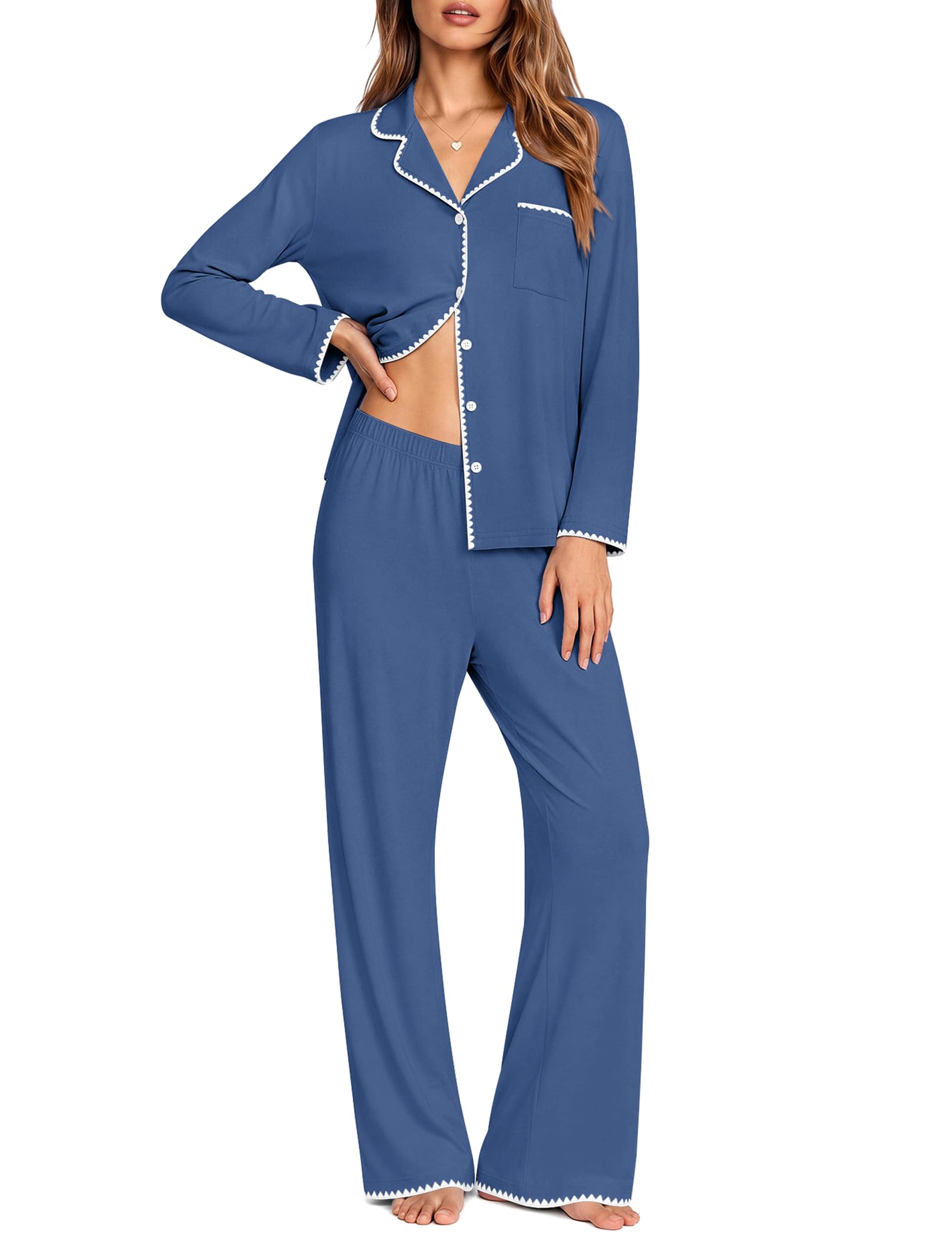 Ekouaer Pajamas for Women Set Long Sleeve Lounge Set Soft Button Down Pjs