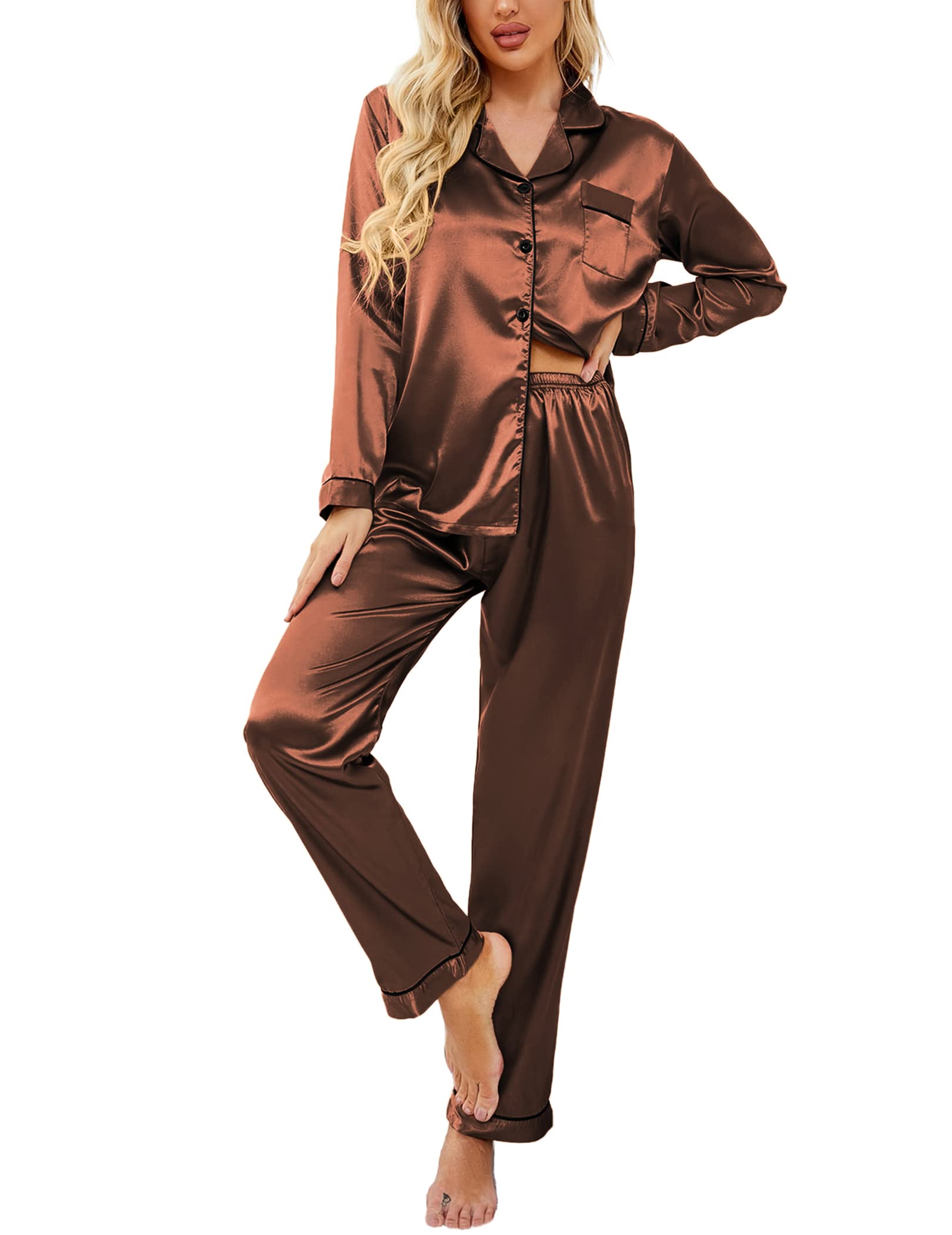 Ekouaer Women's Classic Button Down Long Satin Silk Pajama Set