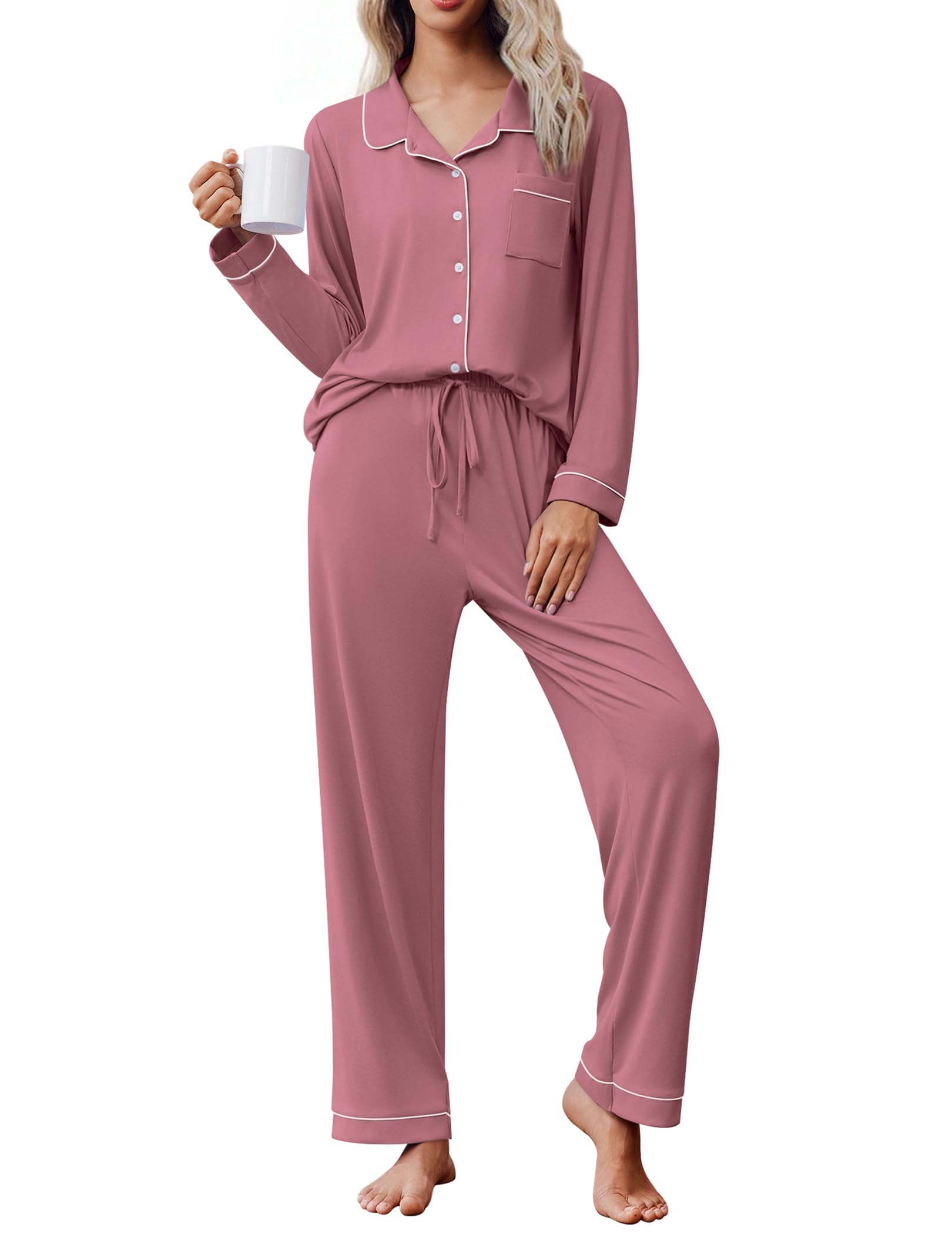 Ekouaer Women's Pajama Set Long Sleeve Lounge Set Soft Button Down Pjs