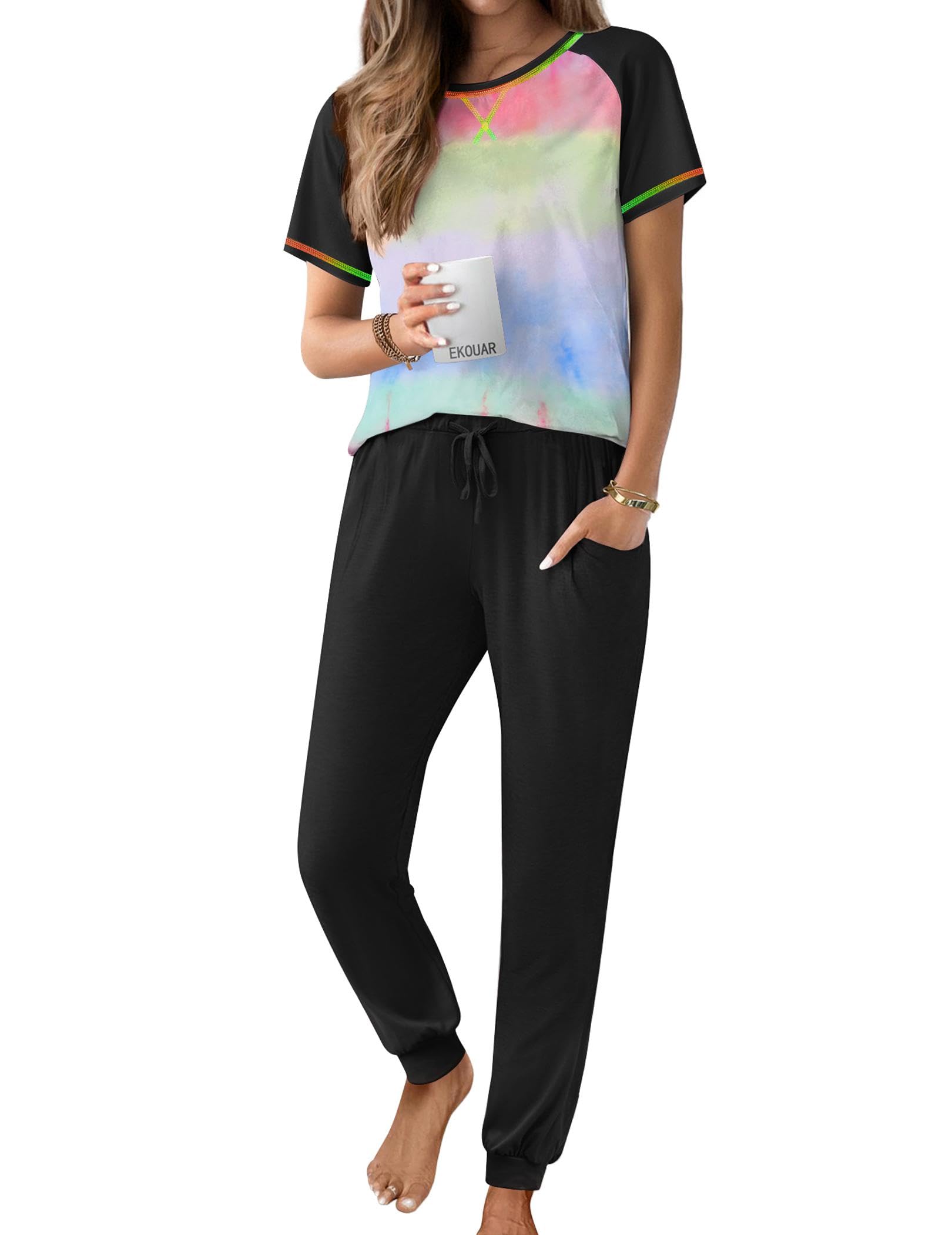 Ekouaer Pajamas for Women Set Short Sleeve PJ Set 2 Piece Jogger Pants