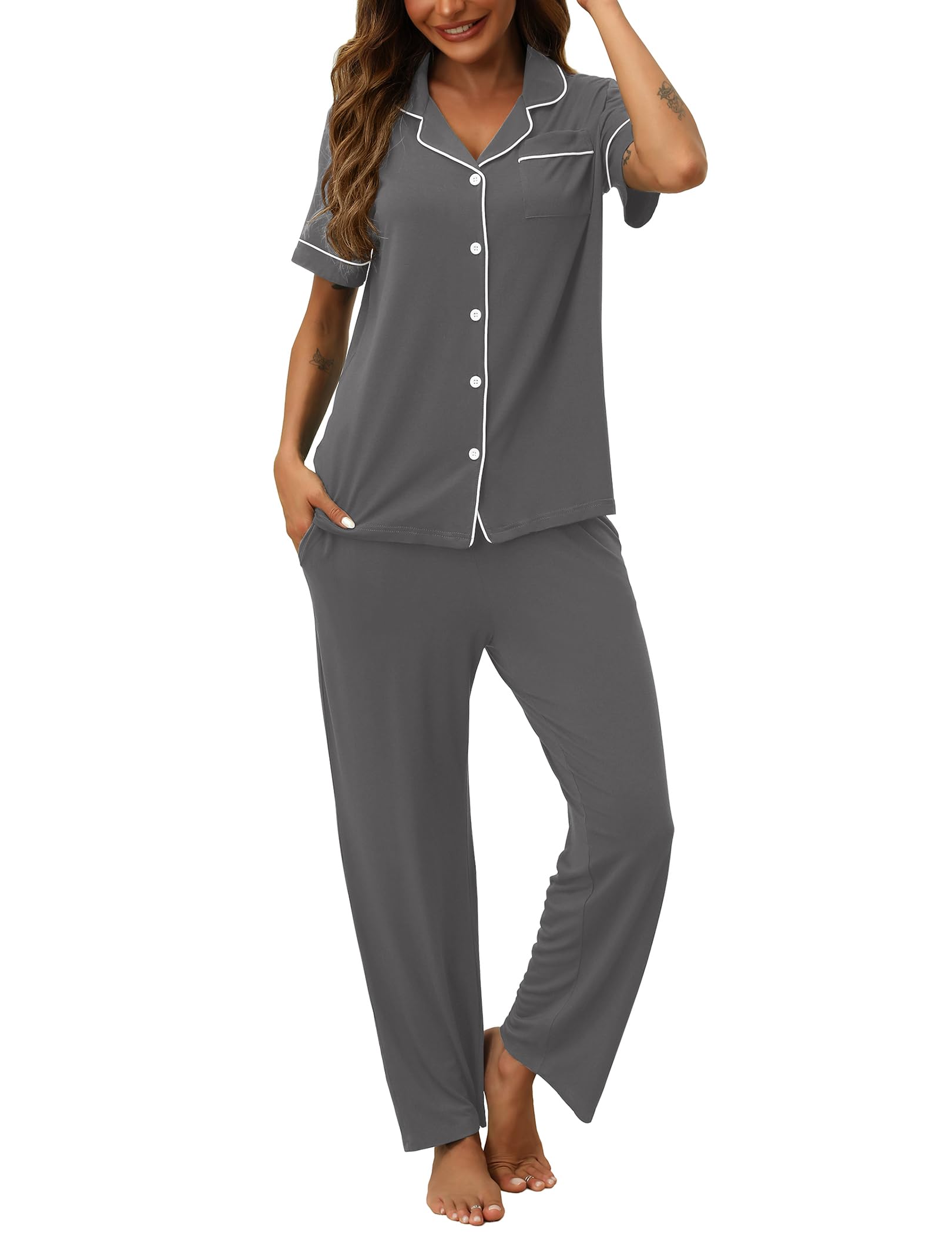 HNG Women Pajamas Set 2 Piece Button Up Pajamas Pant and Short Sleeve Shirt for Woman Pj Sets with Pocket