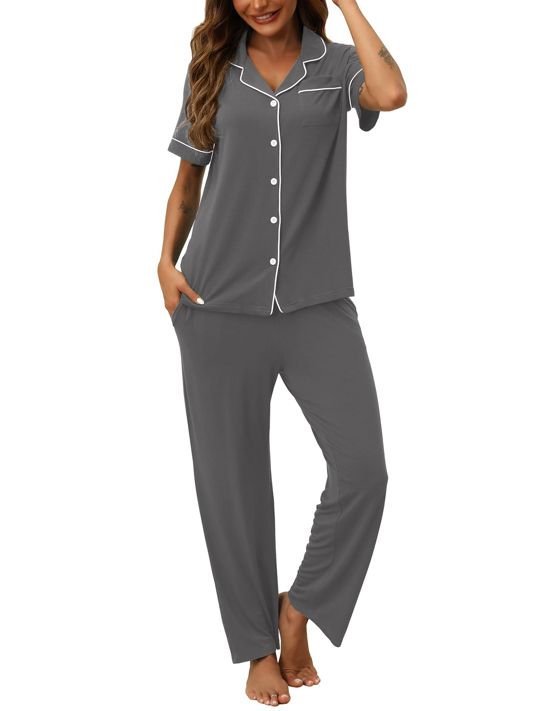 HNG Women Pajamas Set 2 Piece Button Up Pajamas Pant and Short Sleeve Shirt for Woman Pj Sets with Pocket