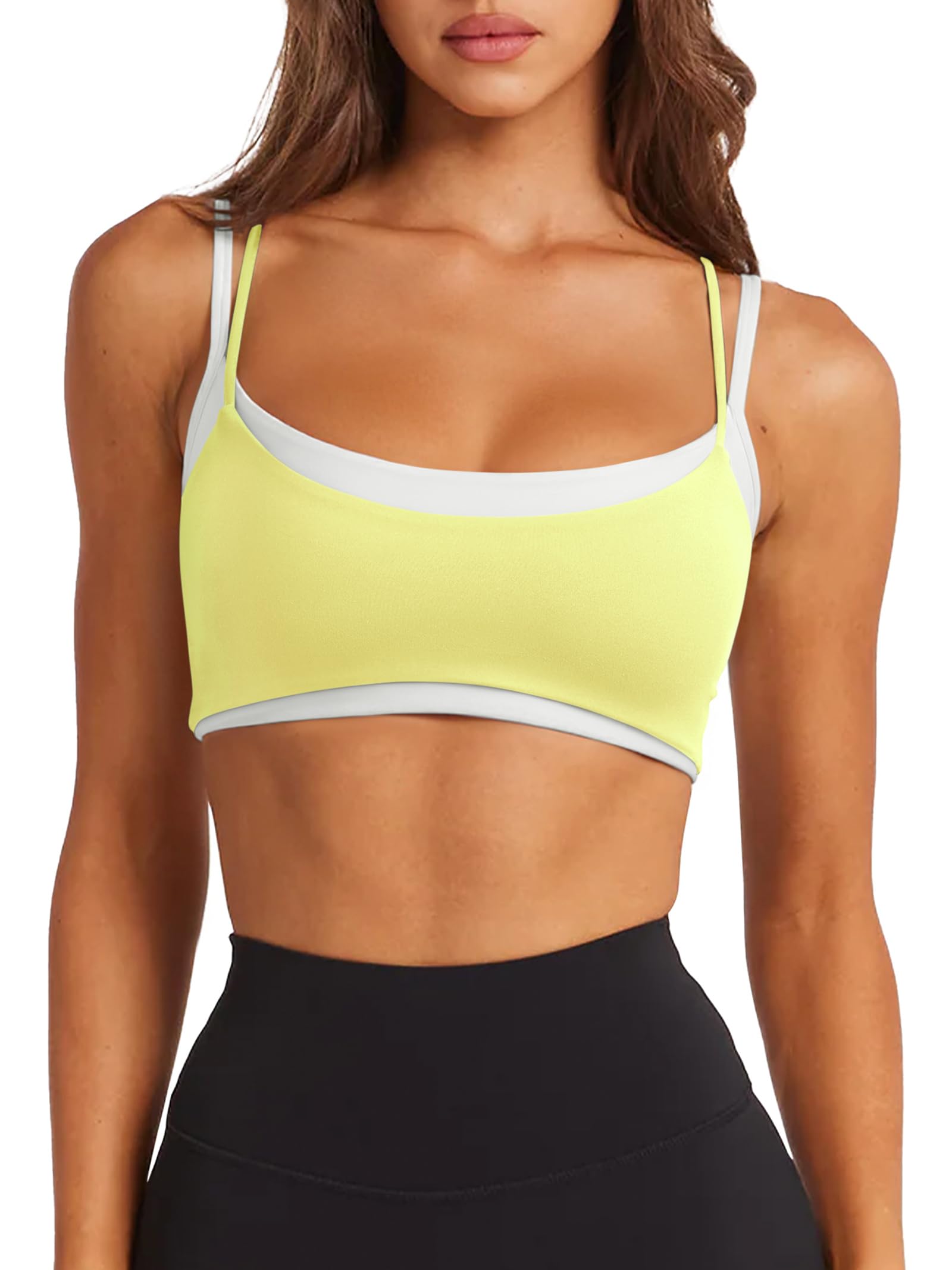 LASLULU Womens Double Layered Sports Bra Adjustable Spaghetti Straps Sexy Scoop Neck Wireless Padded Workout Yoga Crop Tops