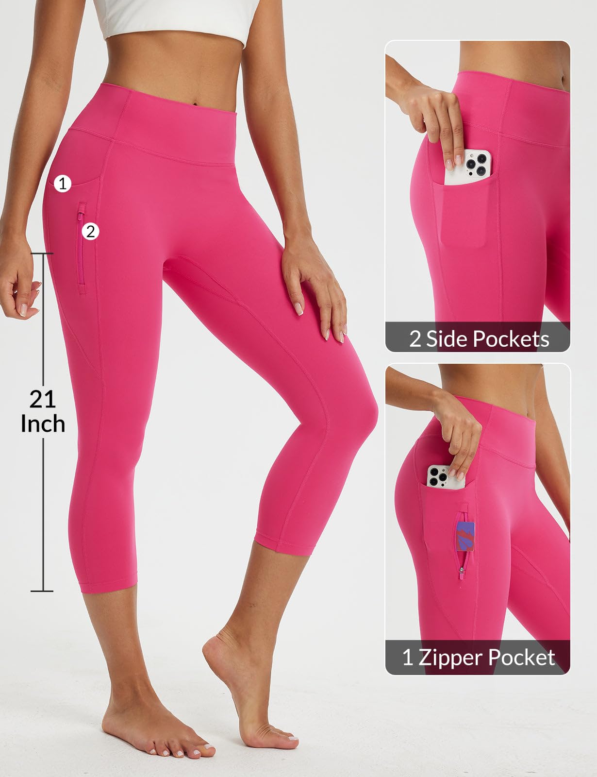 baleaf Women's Capri Leggings with 3 Pockets Tummy Control 21" Inseam Workout Capris Yoga Pants