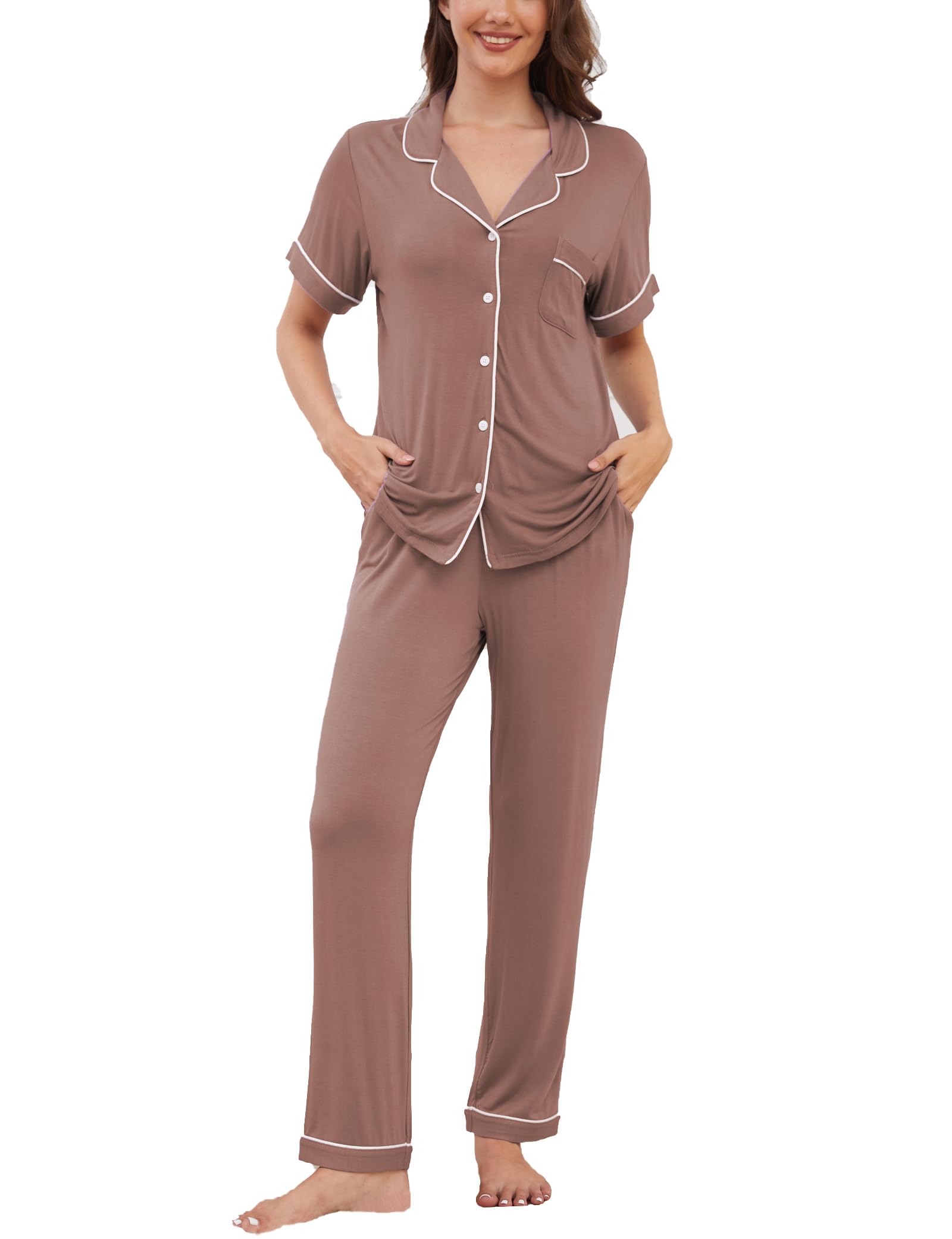 Womens Pajama Set Soft Pjs Short Sleeve Sleepwear with Long Pants 2 Piece Lounge Sets S-XXL