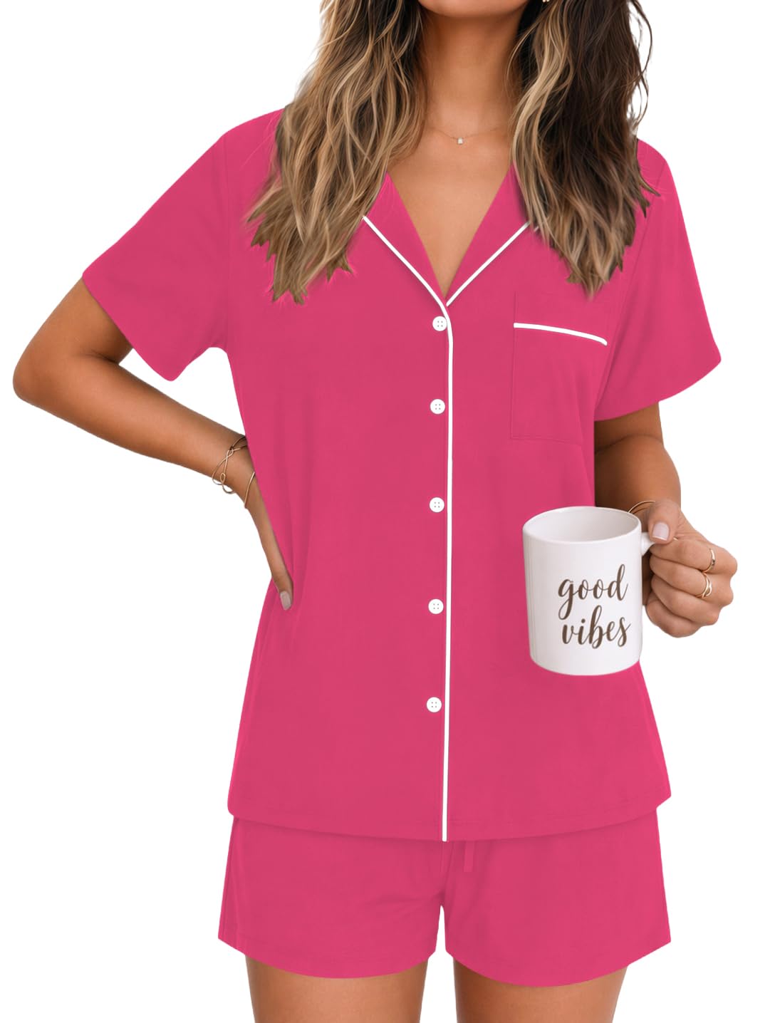 Ekouaer Womens Pajamas Set Soft Classic Notch Collar Bride Pjs Comfy Short Sleeve Sleepwear Loungewear