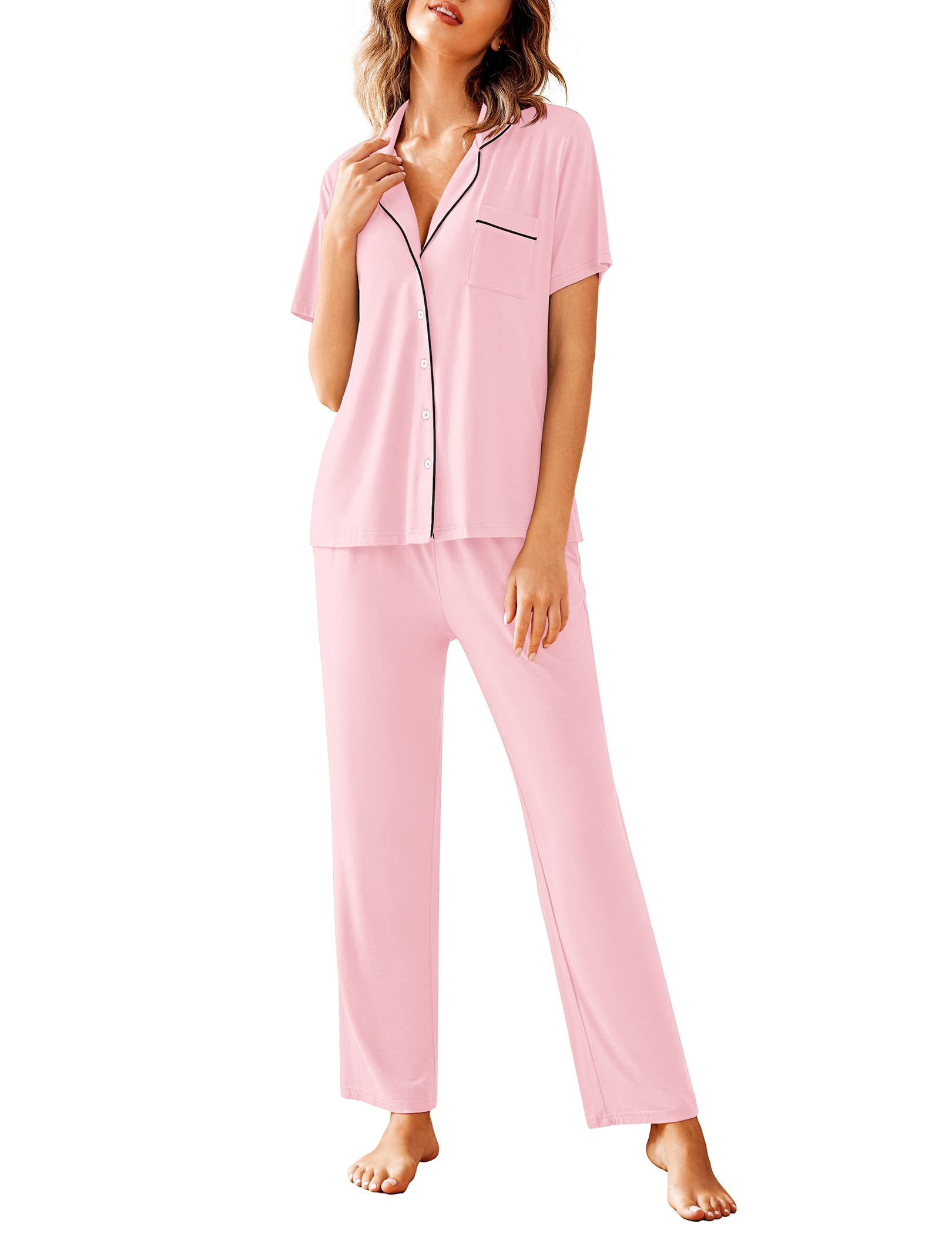 Avidlove Women Pajamas Set Notch Collar Soft Sleepwear Pjs Short Sleeve Button Down Nightwear with Long Pants
